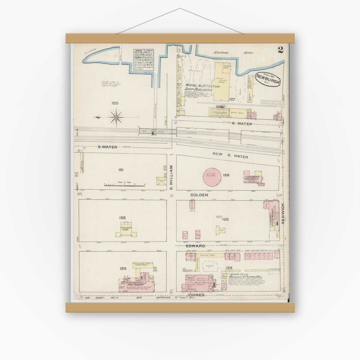 Old map wall art mockup — magnetic wood frame on white wall — Sanborn Fire Insurance Map from Newburgh, Orange County, New York (1884), Sheet #0002