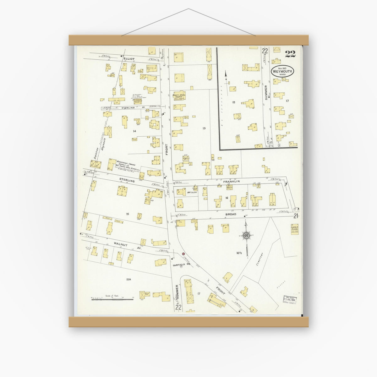 Old map wall art mockup — magnetic wood frame on white wall — Sanborn Fire Insurance Map from Weymouth, Norfolk County, Massachusetts (1910), Sheet #0022