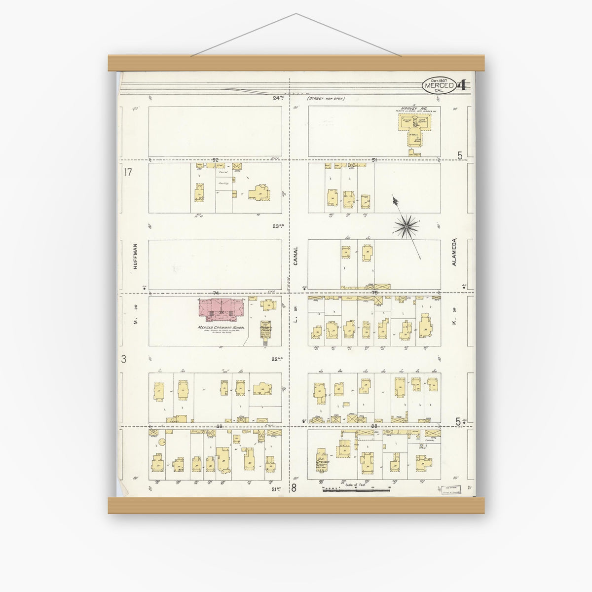 Old map wall art mockup — magnetic wood frame on white wall — Sanborn Fire Insurance Map from Merced, Merced County, California (1907), Sheet #0004