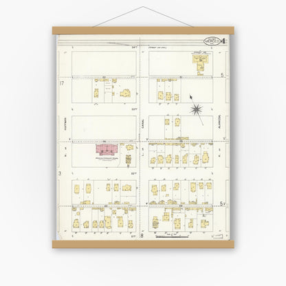 Old map wall art mockup — magnetic wood frame on white wall — Sanborn Fire Insurance Map from Merced, Merced County, California (1907), Sheet #0004