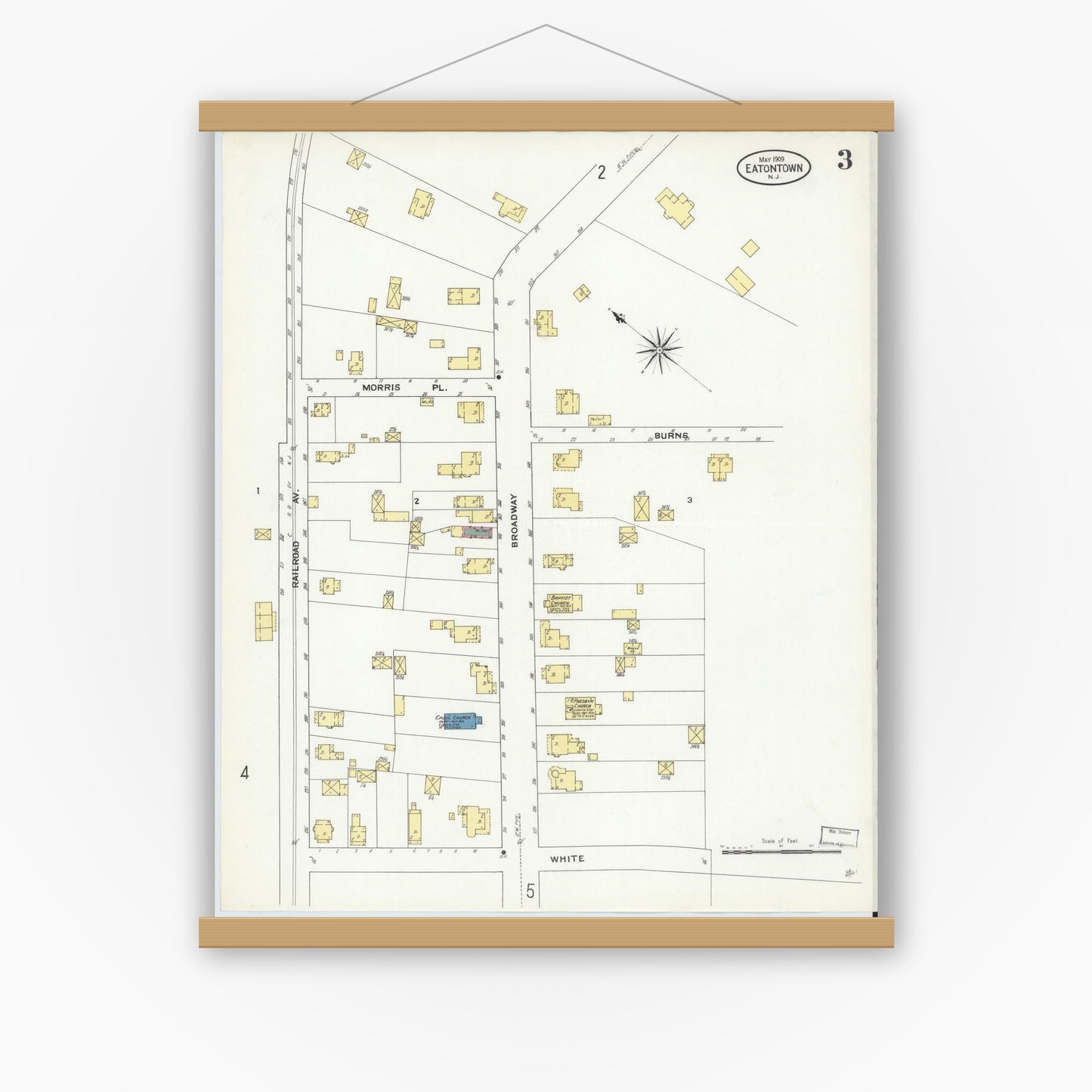 Old map wall art mockup — magnetic wood frame on white wall — Sanborn Fire Insurance Map from Eatontown, Monmouth County, New Jersey (1909), Sheet #0003