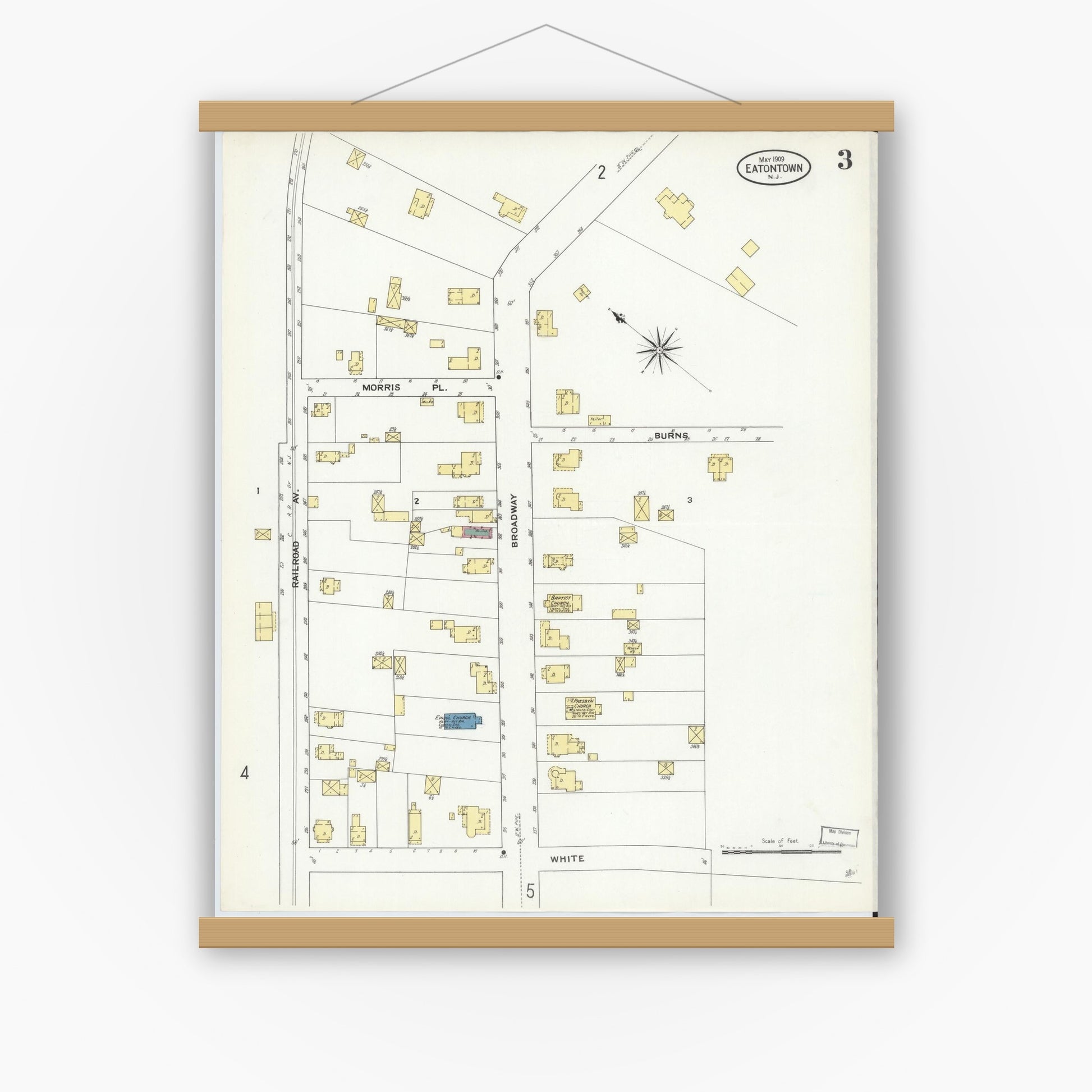 Old map wall art mockup — magnetic wood frame on white wall — Sanborn Fire Insurance Map from Eatontown, Monmouth County, New Jersey (1909), Sheet #0003