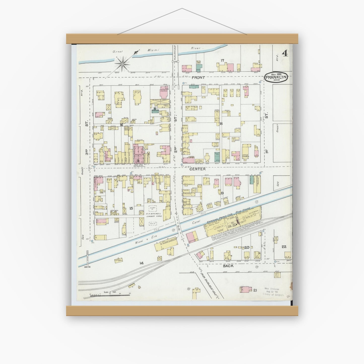 Old map wall art mockup — magnetic wood frame on white wall — Sanborn Fire Insurance Map from Franklin, Warren County, Ohio (1892), Sheet #0004