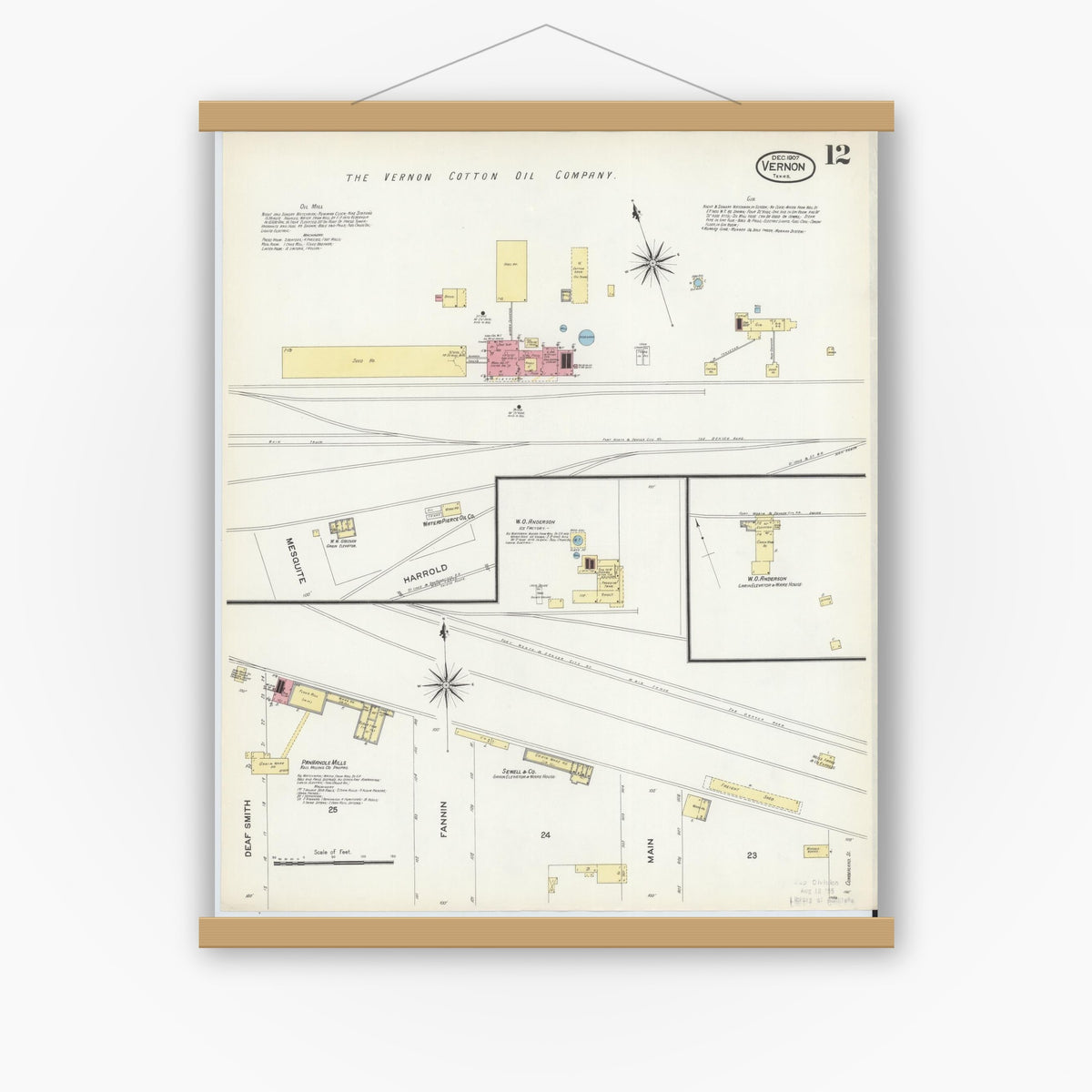 Old map wall art mockup — magnetic wood frame on white wall — Sanborn Fire Insurance Map from Vernon, Wilbarger County, Texas (1907), Sheet #0012