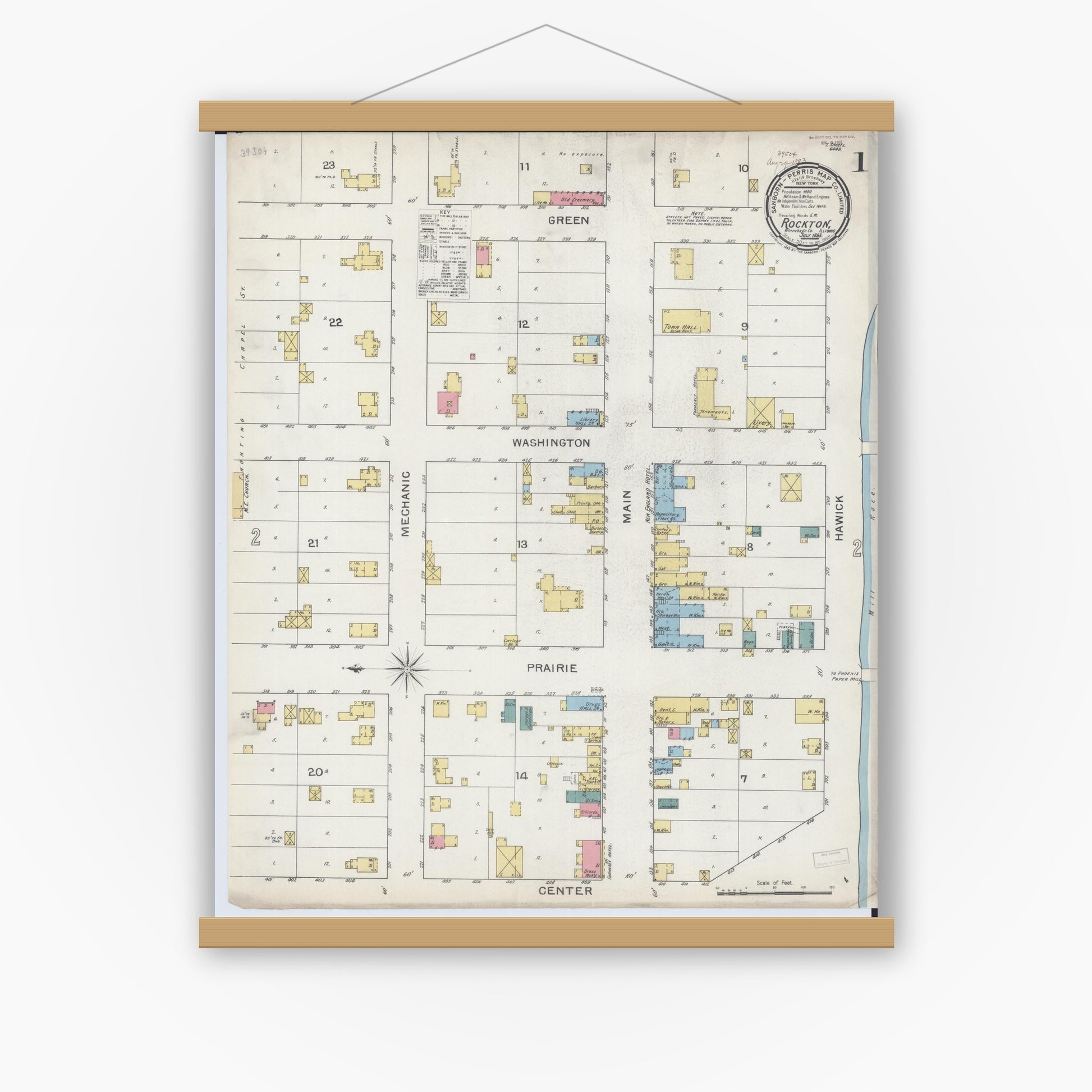 Old map wall art mockup — magnetic wood frame on white wall — Sanborn Fire Insurance Map from Rockton, Winnebago County, Illinois (1893) - Complete Map Set