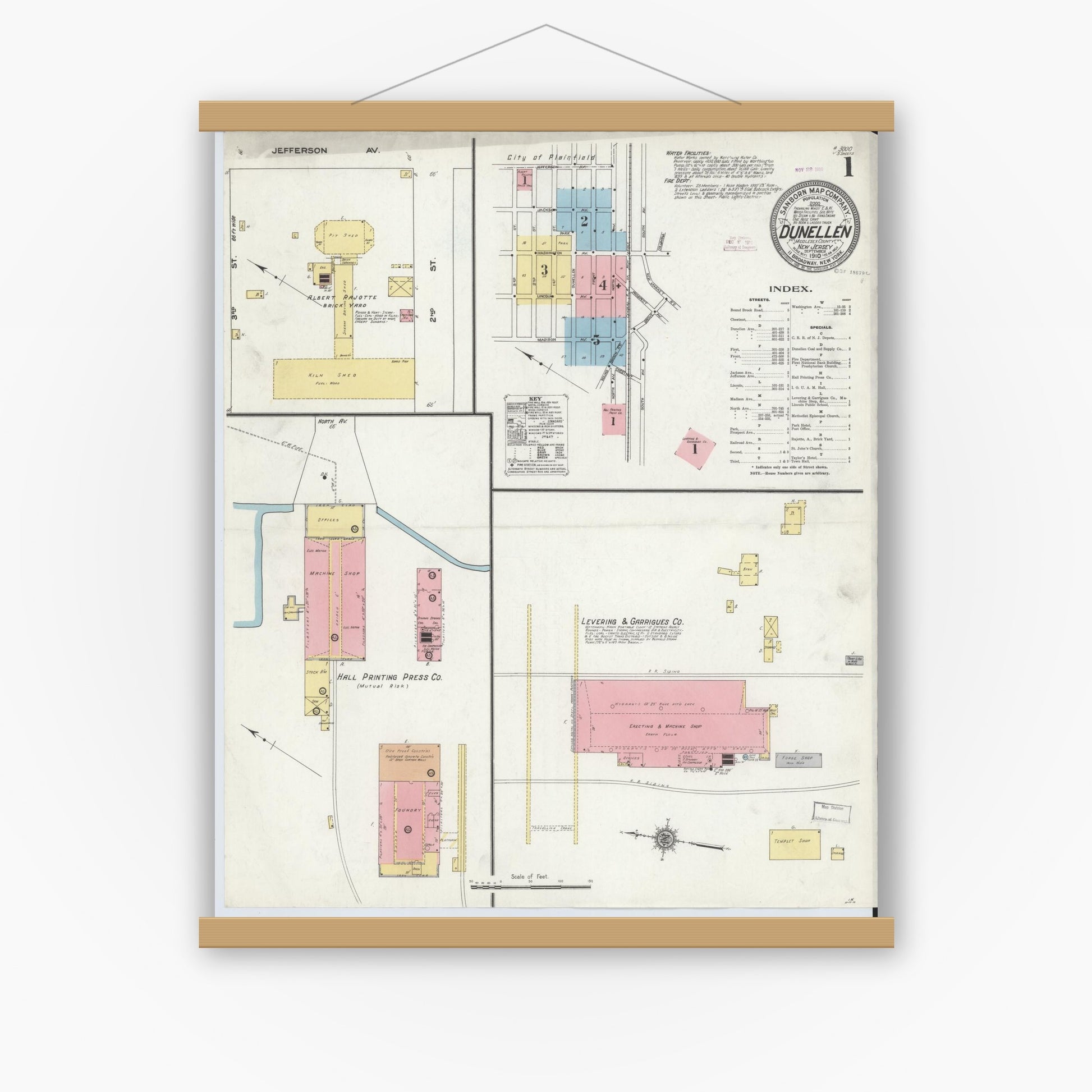 Old map wall art mockup — magnetic wood frame on white wall — Sanborn Fire Insurance Map from Dunellen, Middlesex County, New Jersey (1910), Sheet #0001