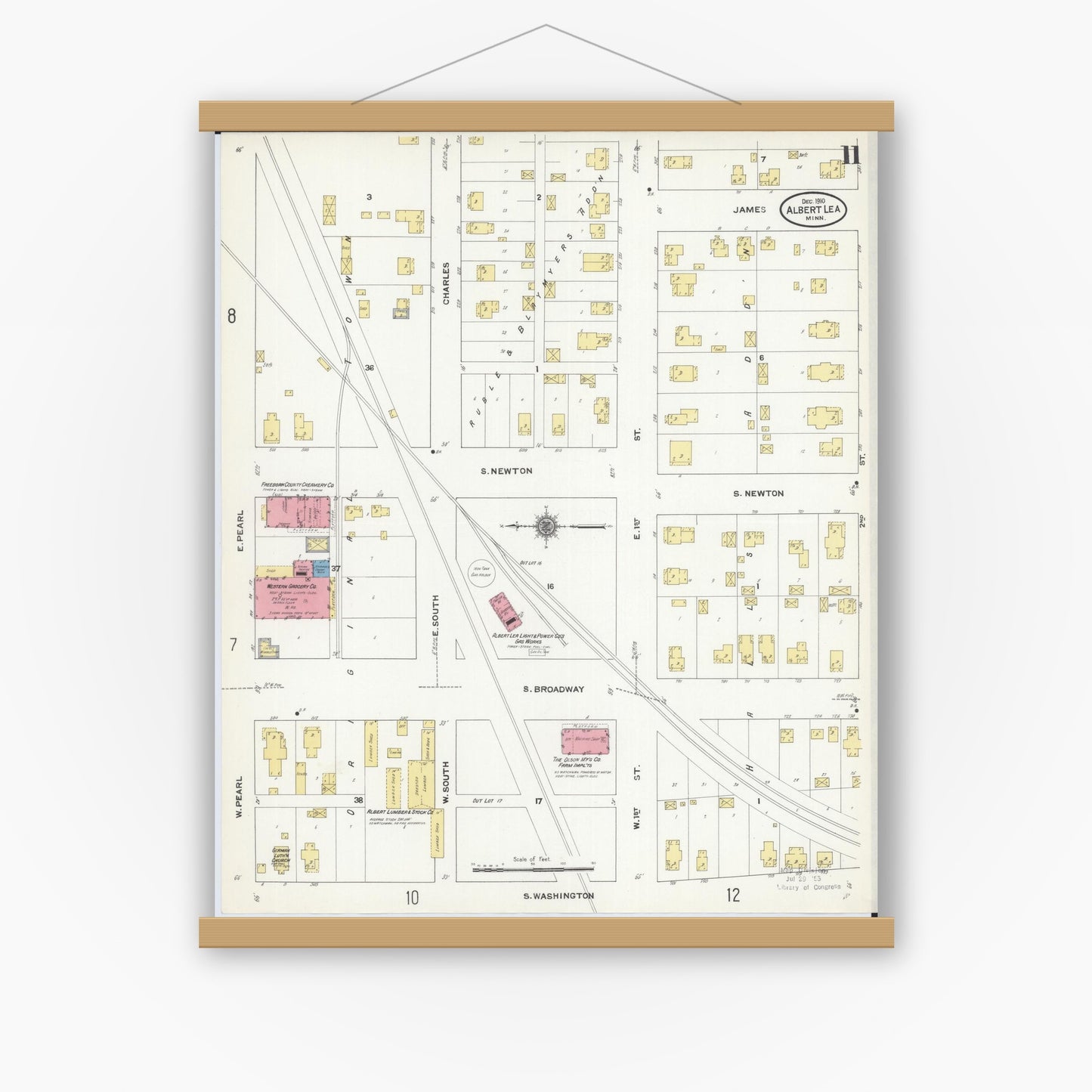 Old map wall art mockup — magnetic wood frame on white wall — Sanborn Fire Insurance Map from Albert Lea, Freeborn County, Minnesota (1910), Sheet #0011