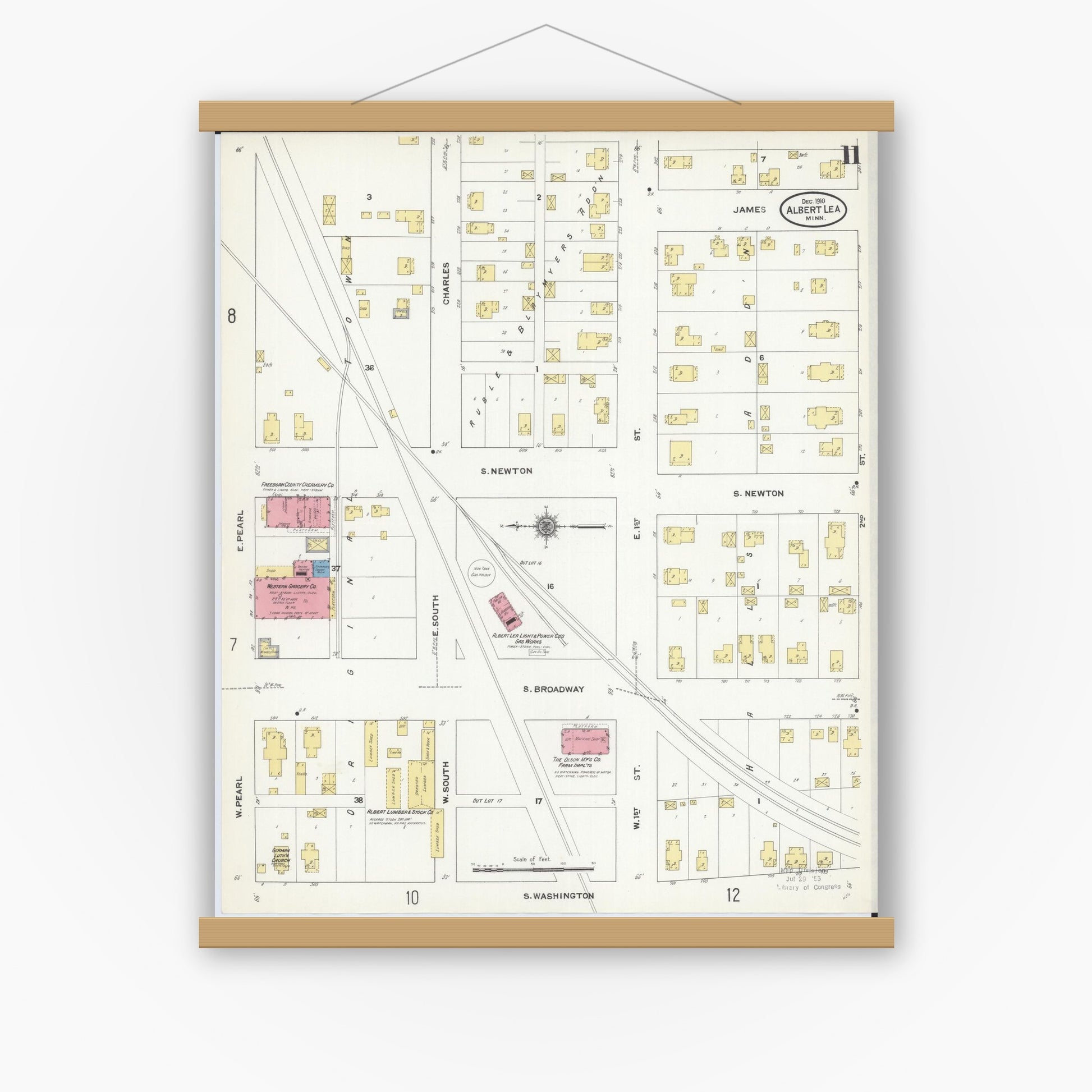 Old map wall art mockup — magnetic wood frame on white wall — Sanborn Fire Insurance Map from Albert Lea, Freeborn County, Minnesota (1910), Sheet #0011