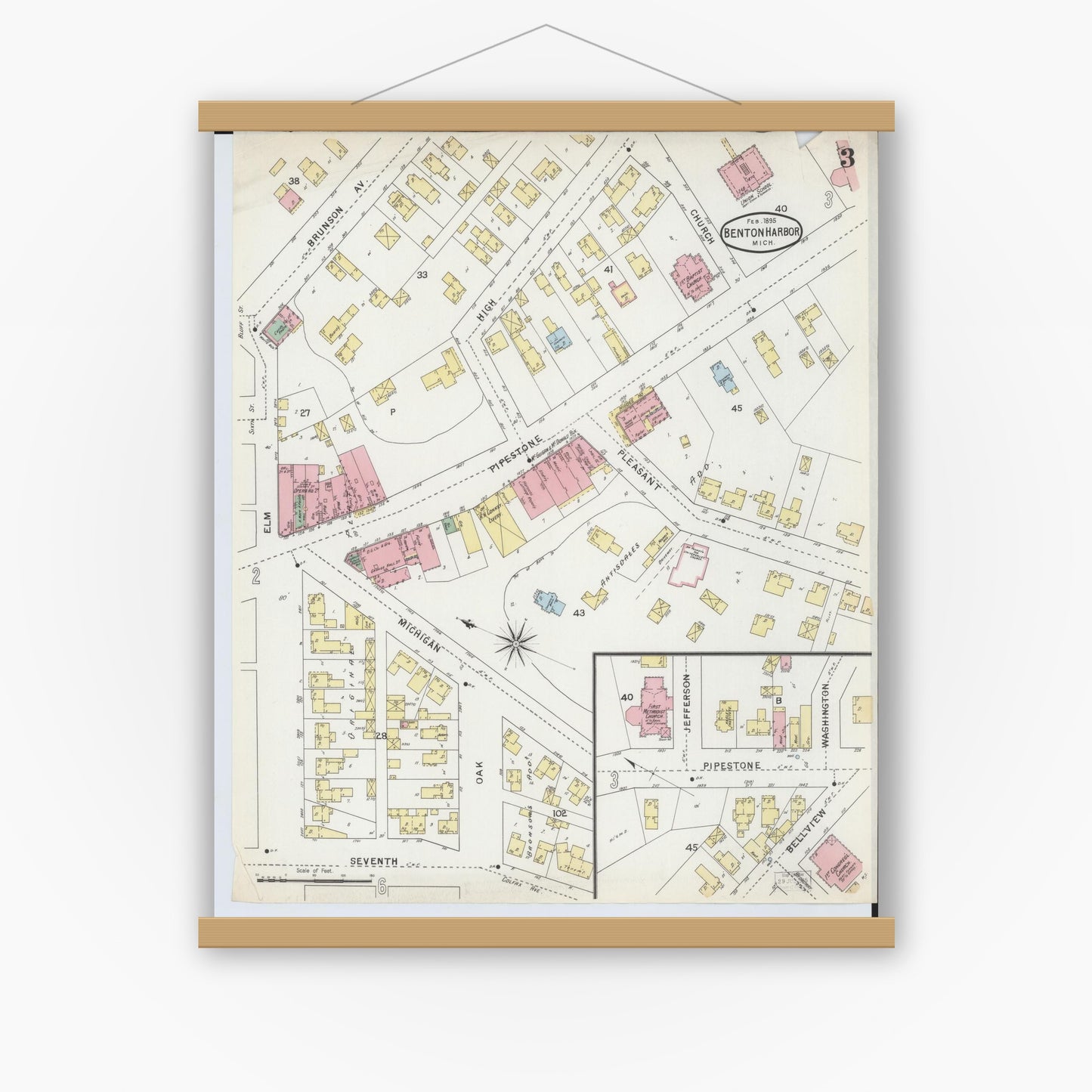 Old map wall art mockup — magnetic wood frame on white wall — Sanborn Fire Insurance Map from Benton Harbor, Berrien County, Michigan (1895), Sheet #0003