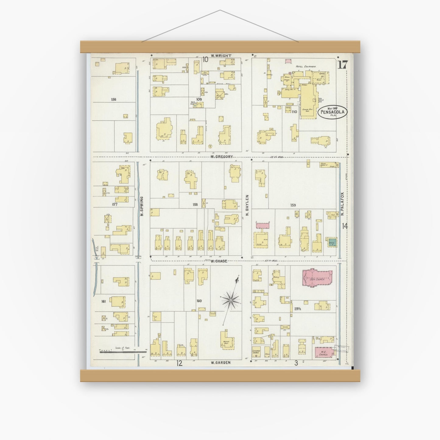 Old map wall art mockup — magnetic wood frame on white wall — Sanborn Fire Insurance Map from Pensacola, Escambia County, Florida (1897), Sheet #0017