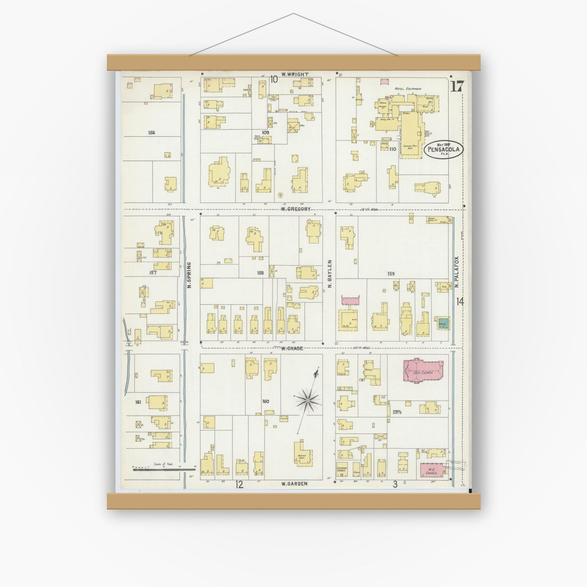 Old map wall art mockup — magnetic wood frame on white wall — Sanborn Fire Insurance Map from Pensacola, Escambia County, Florida (1897), Sheet #0017