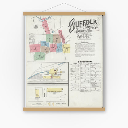 Old map wall art mockup — magnetic wood frame on white wall — Sanborn Fire Insurance Map from Suffolk, Independent Cities, Virginia (1894), Sheet #0001