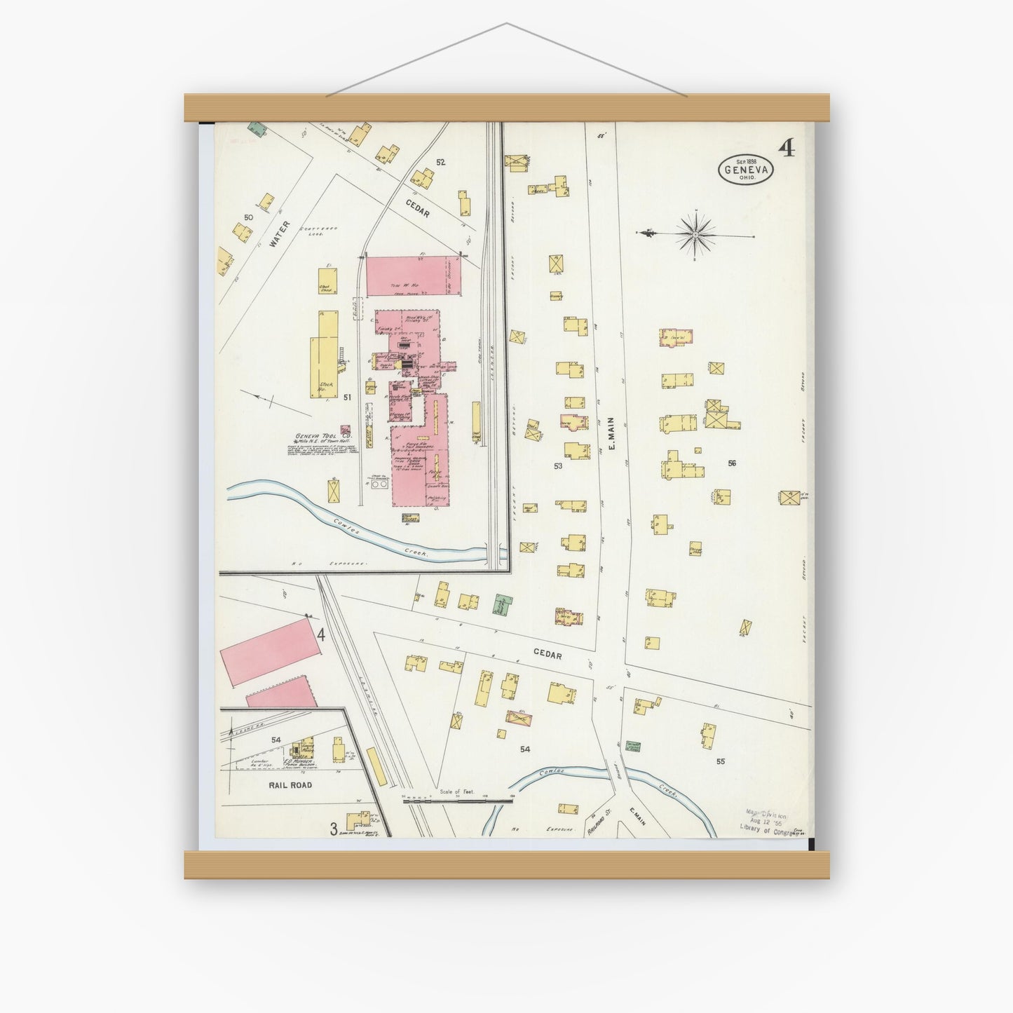 Old map wall art mockup — magnetic wood frame on white wall — Sanborn Fire Insurance Map from Geneva, Ashtabula County, Ohio (1898), Sheet #0004