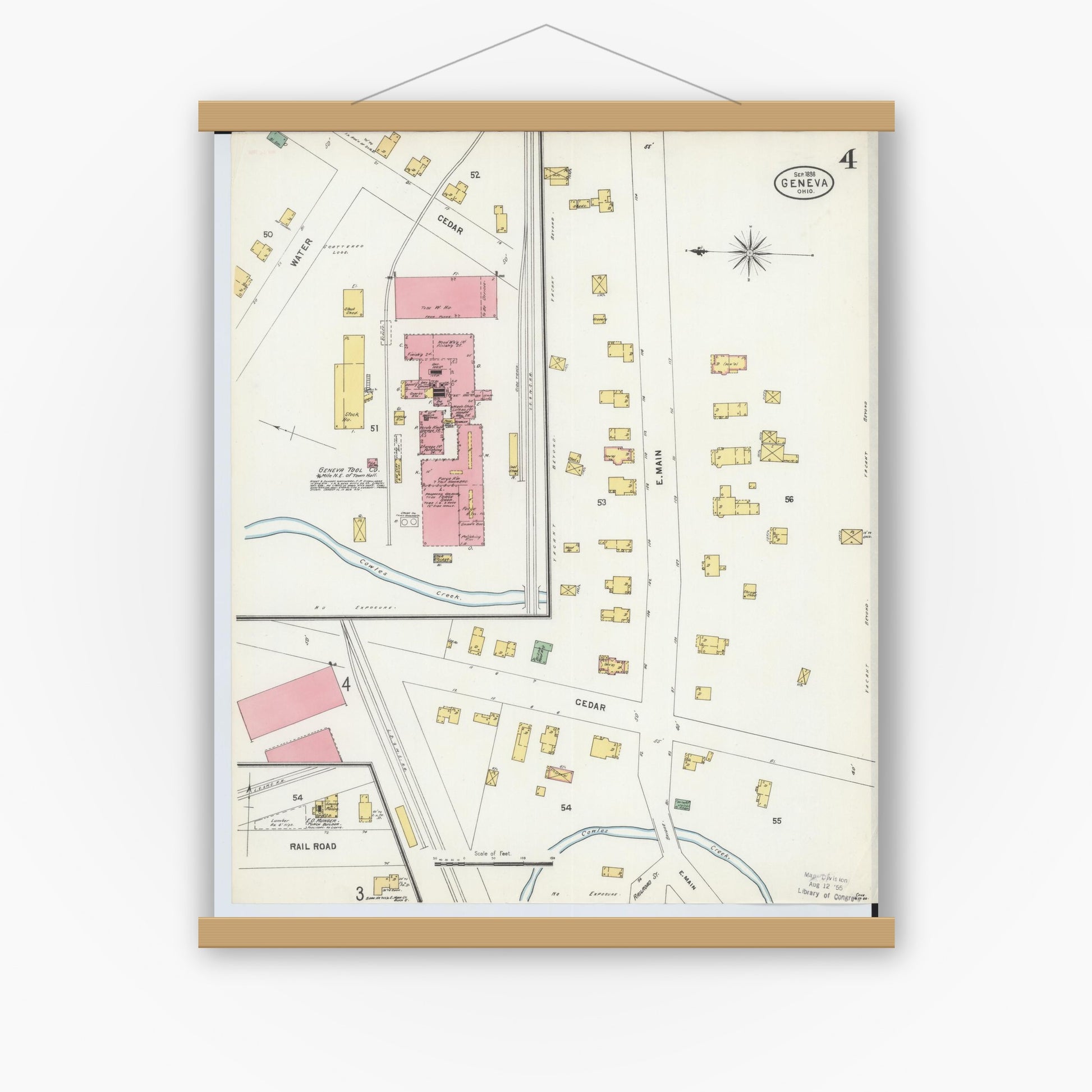 Old map wall art mockup — magnetic wood frame on white wall — Sanborn Fire Insurance Map from Geneva, Ashtabula County, Ohio (1898), Sheet #0004