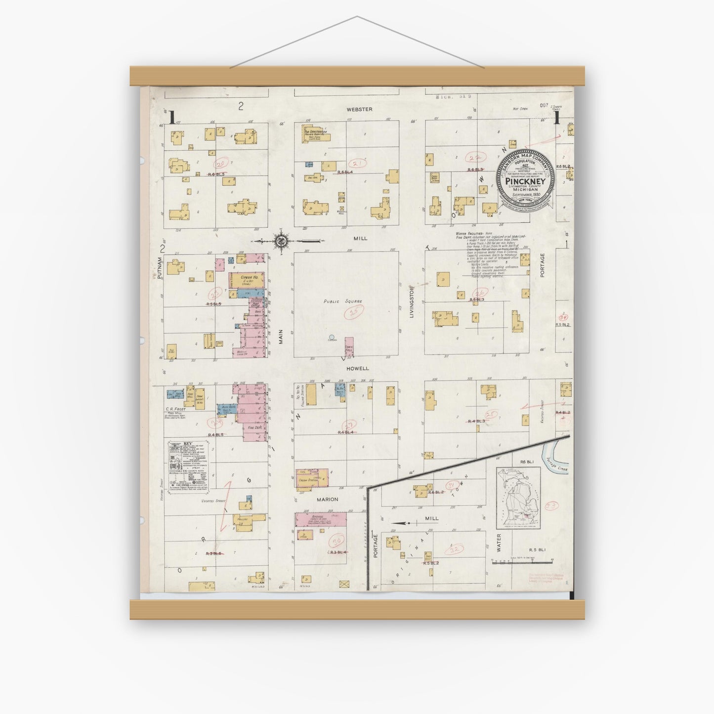 Old map wall art mockup — magnetic wood frame on white wall — Sanborn Fire Insurance Map from Pinckney, Livingston County, Michigan (1930) - Complete Map Set