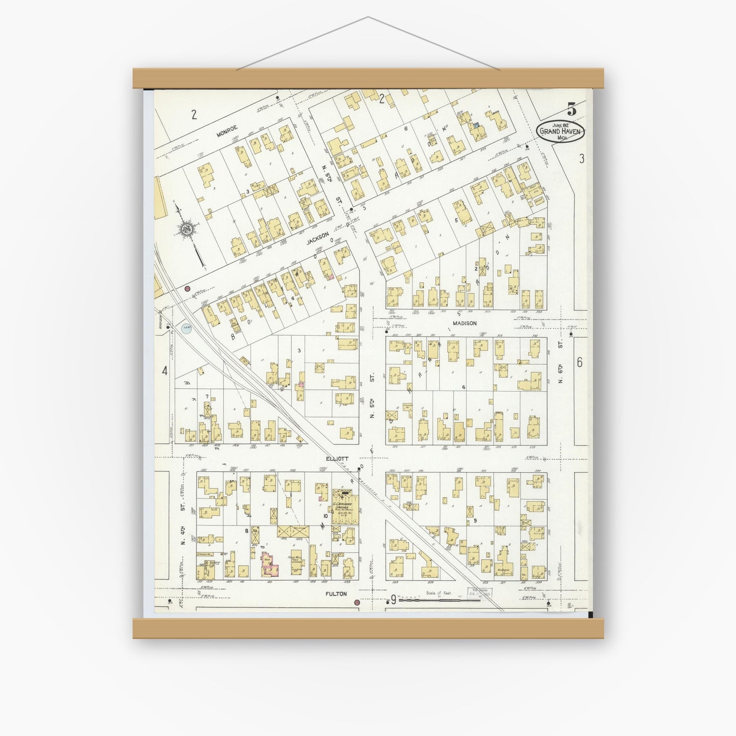 Old map wall art mockup — magnetic wood frame on white wall — Sanborn Fire Insurance Map from Grand Haven, Ottawa County, Michigan (1912), Sheet #0005