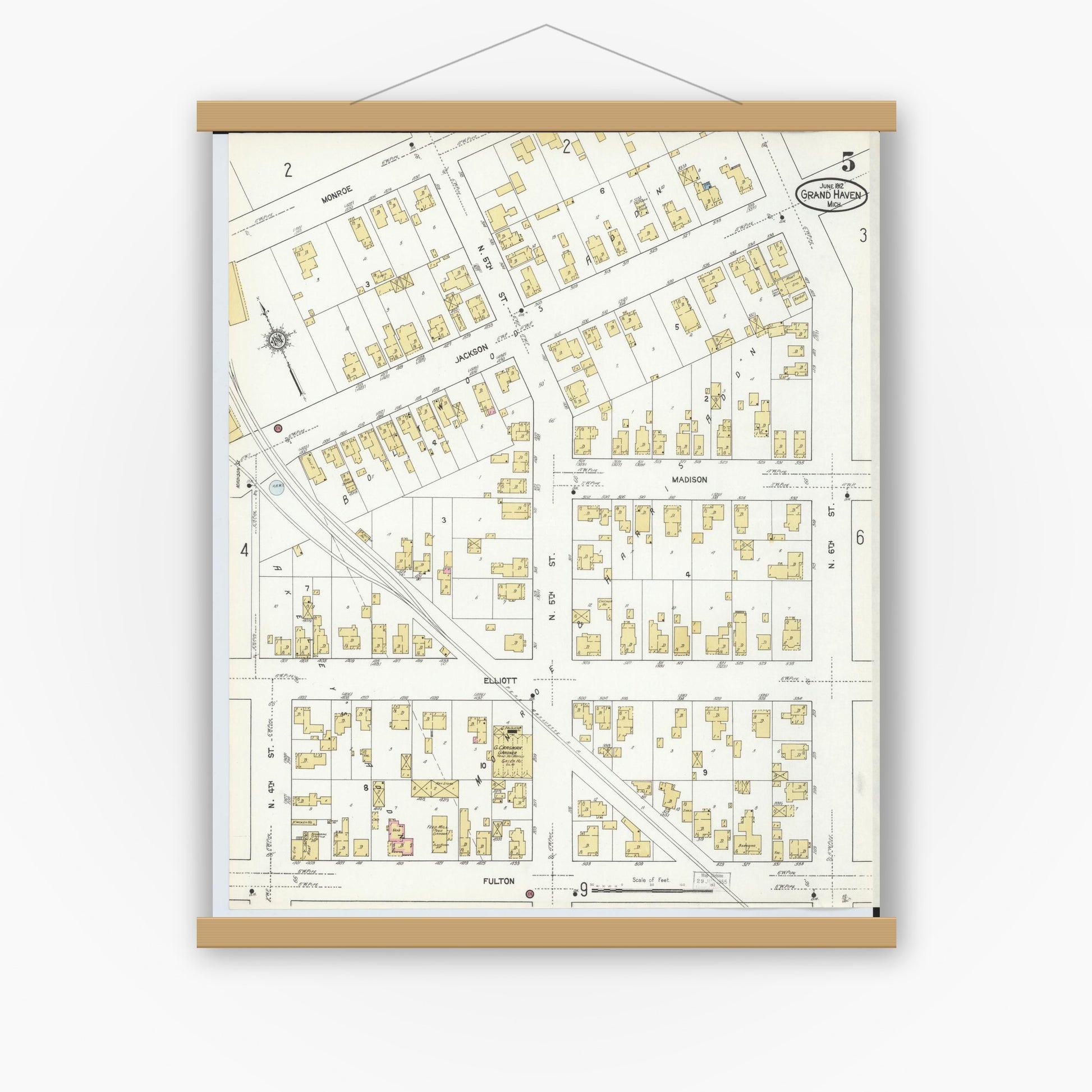 Old map wall art mockup — magnetic wood frame on white wall — Sanborn Fire Insurance Map from Grand Haven, Ottawa County, Michigan (1912), Sheet #0005