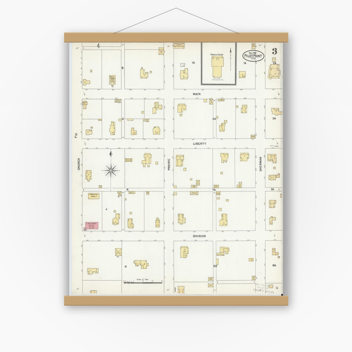 Old map wall art mockup — magnetic wood frame on white wall — Sanborn Fire Insurance Map from Pilot Point, Denton County, Texas (1901), Sheet #0003