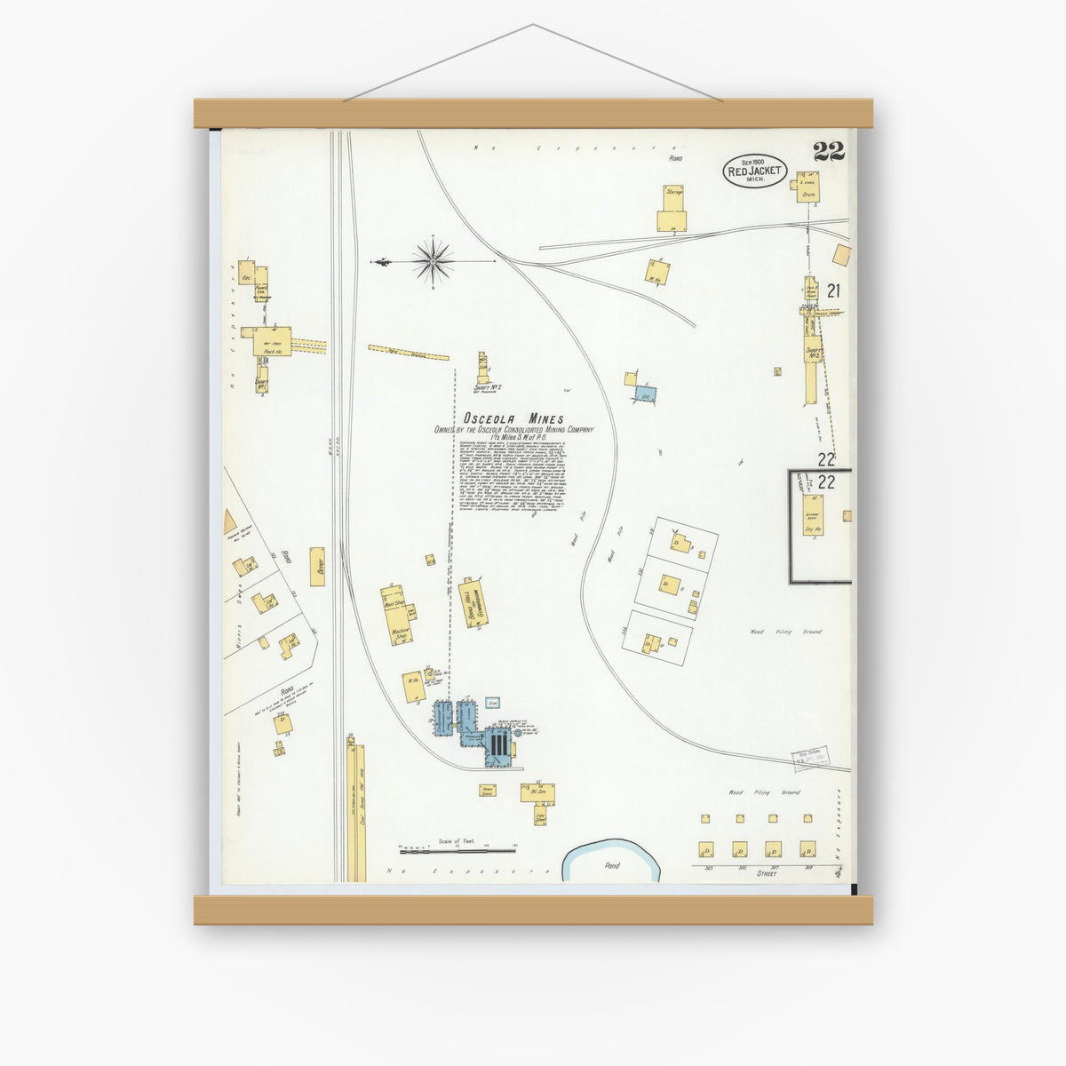 Old map wall art mockup — magnetic wood frame on white wall — Sanborn Fire Insurance Map from Red Jacket, Houghton County, Michigan (1900), Sheet #0022