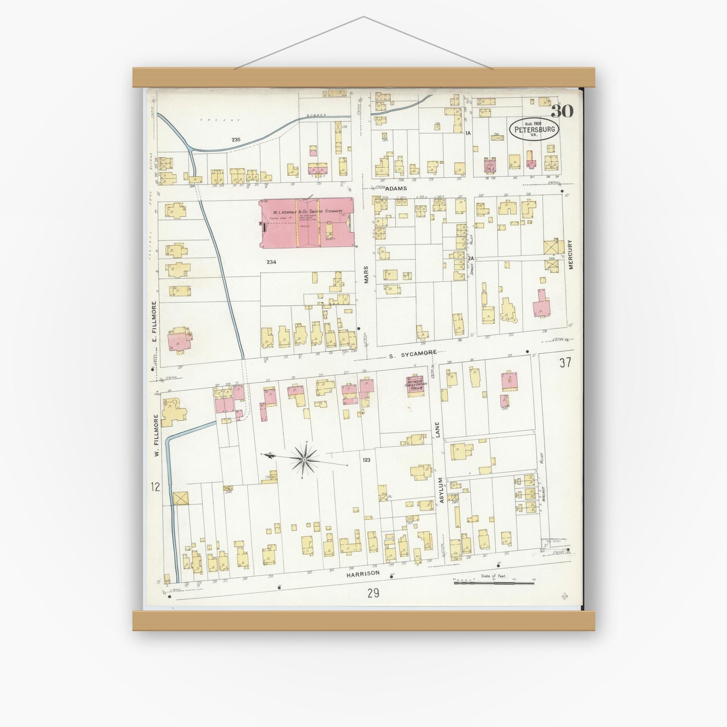 Old map wall art mockup — magnetic wood frame on white wall — Sanborn Fire Insurance Map from Petersburg, Independent Cities, Virginia (1908), Sheet #0030