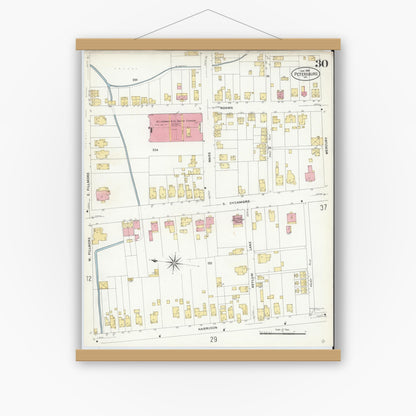 Old map wall art mockup — magnetic wood frame on white wall — Sanborn Fire Insurance Map from Petersburg, Independent Cities, Virginia (1908), Sheet #0030