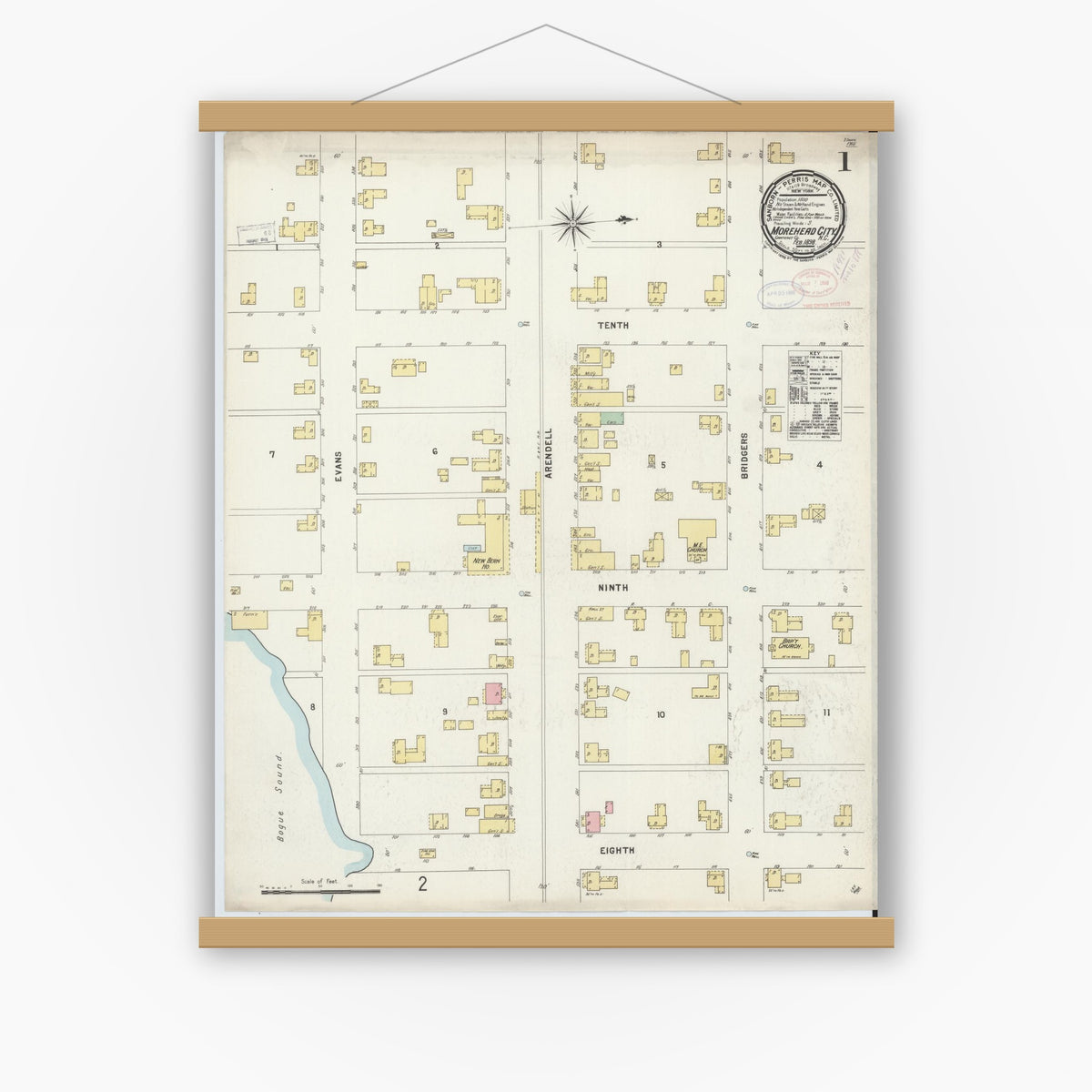 Old map wall art mockup — magnetic wood frame on white wall — Sanborn Fire Insurance Map from Morehead City, Carteret County, North Carolina (1898) - Complete Map Set