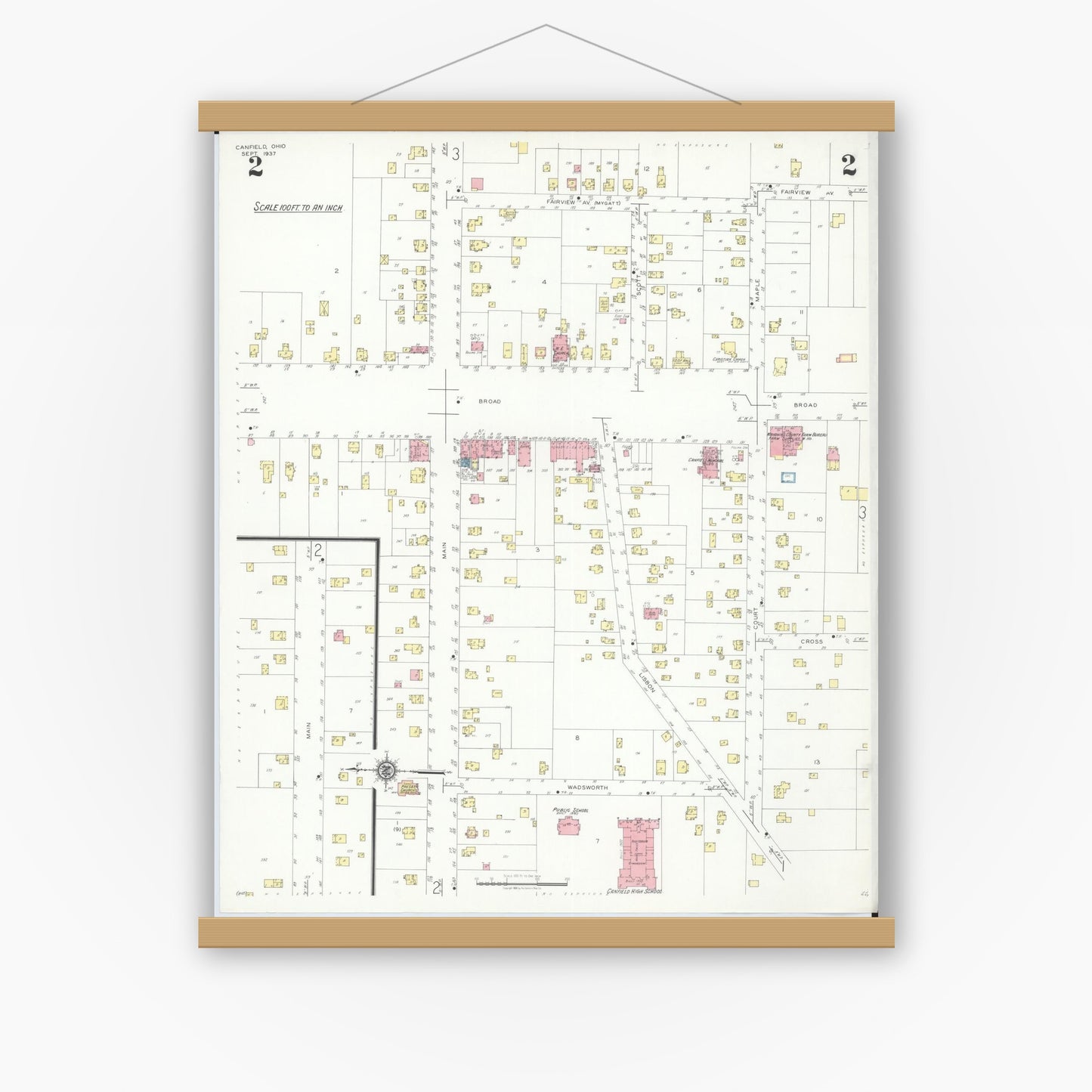 Old map wall art mockup — magnetic wood frame on white wall — Sanborn Fire Insurance Map from Canfield, Mahoning County, Ohio (1937), Sheet #0002