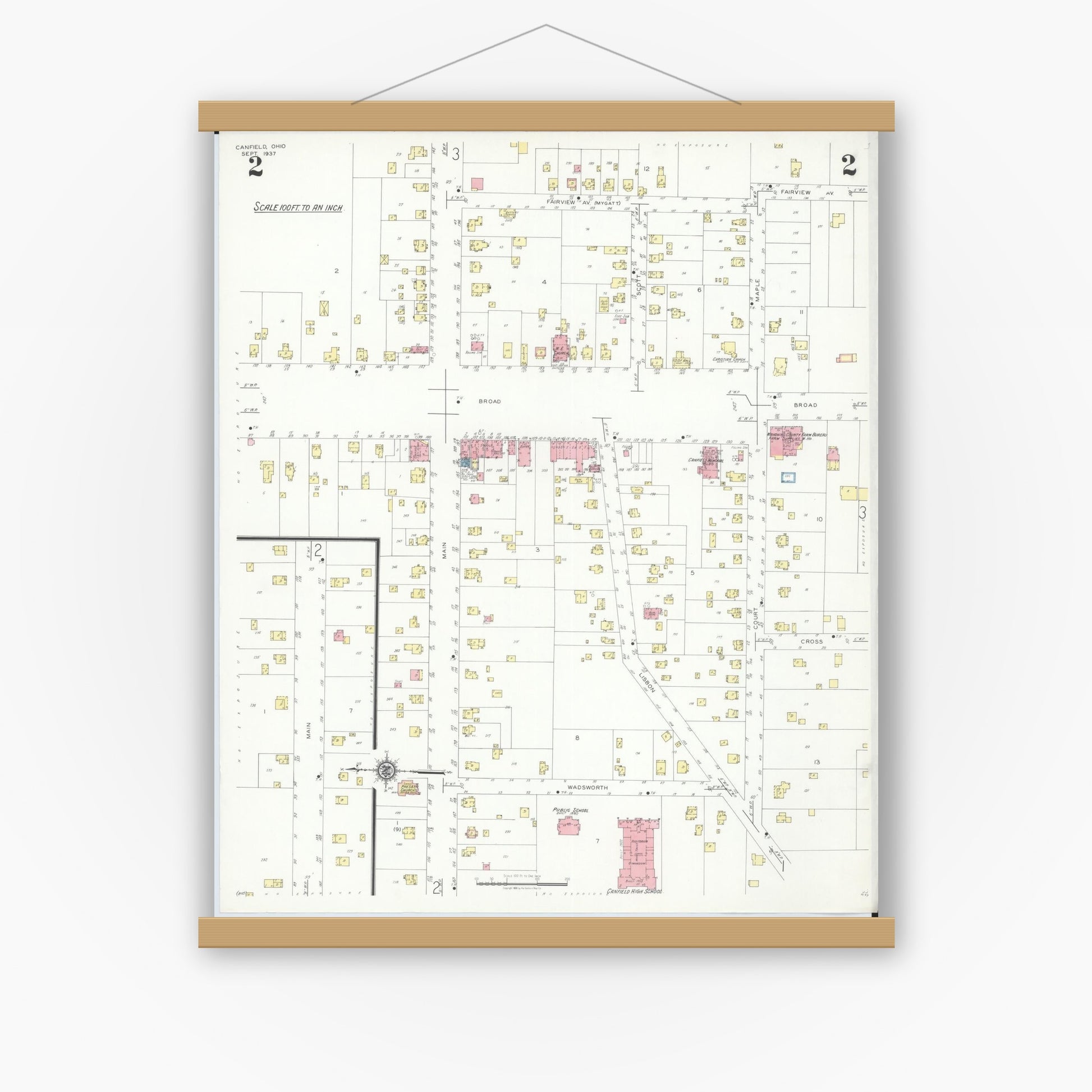 Old map wall art mockup — magnetic wood frame on white wall — Sanborn Fire Insurance Map from Canfield, Mahoning County, Ohio (1937), Sheet #0002