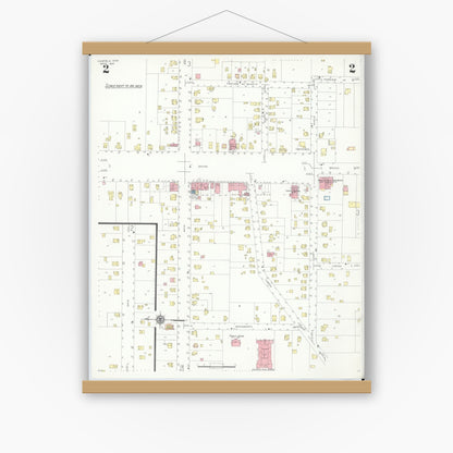 Old map wall art mockup — magnetic wood frame on white wall — Sanborn Fire Insurance Map from Canfield, Mahoning County, Ohio (1937), Sheet #0002
