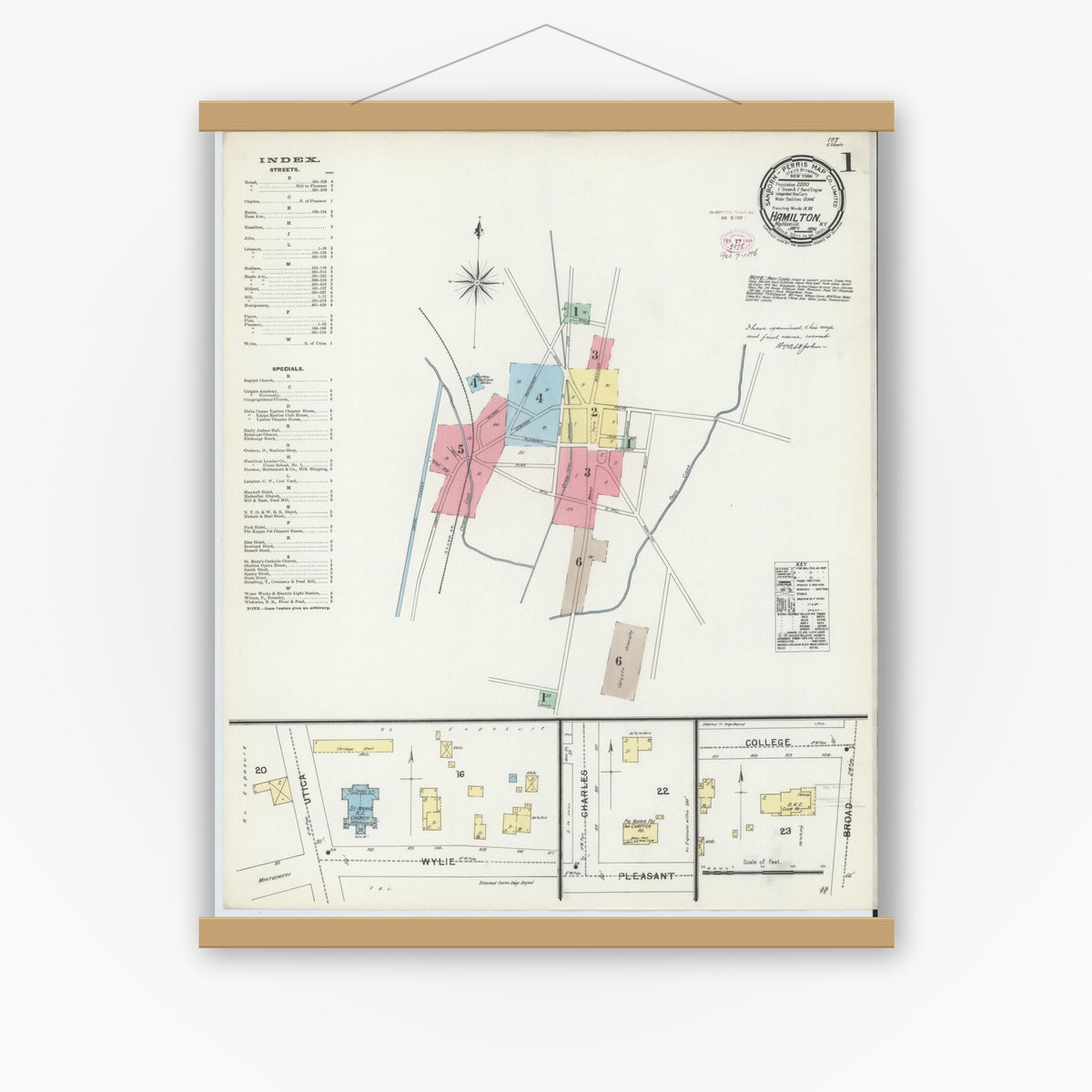 Old map wall art mockup — magnetic wood frame on white wall — Sanborn Fire Insurance Map from Hamilton, Madison County, New York (1896) - Complete Map Set