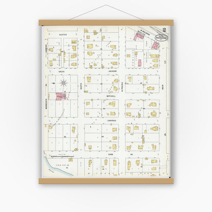 Old map wall art mockup — magnetic wood frame on white wall — Sanborn Fire Insurance Map from Roodhouse, Greene County, Illinois (1900), Sheet #0002