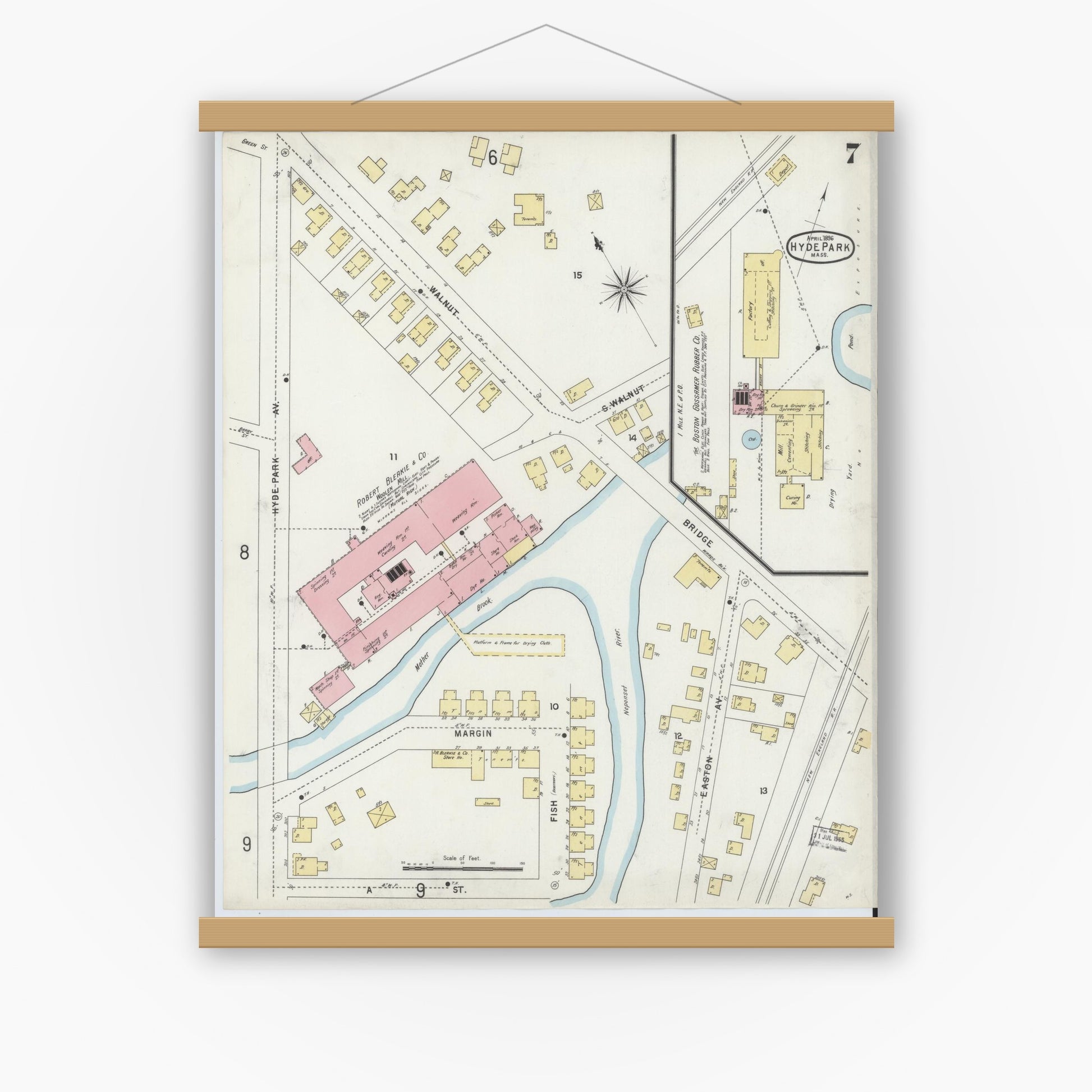 Old map wall art mockup — magnetic wood frame on white wall — Sanborn Fire Insurance Map from Hyde Park, Norfolk County, Massachusetts (1896), Sheet #0007