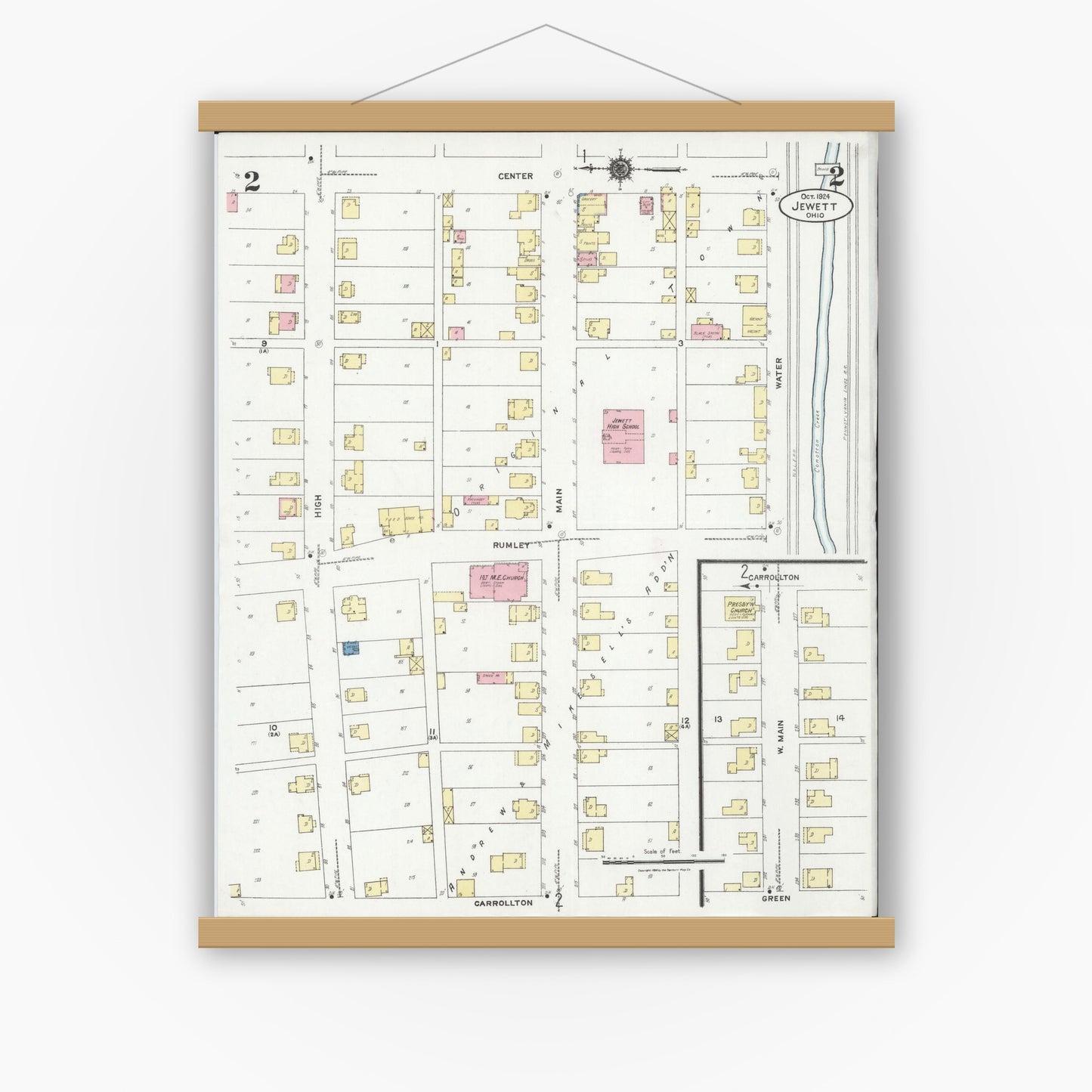 Old map wall art mockup — magnetic wood frame on white wall — Sanborn Fire Insurance Map from Jewett, Harrison County, Ohio (1924), Sheet #0002