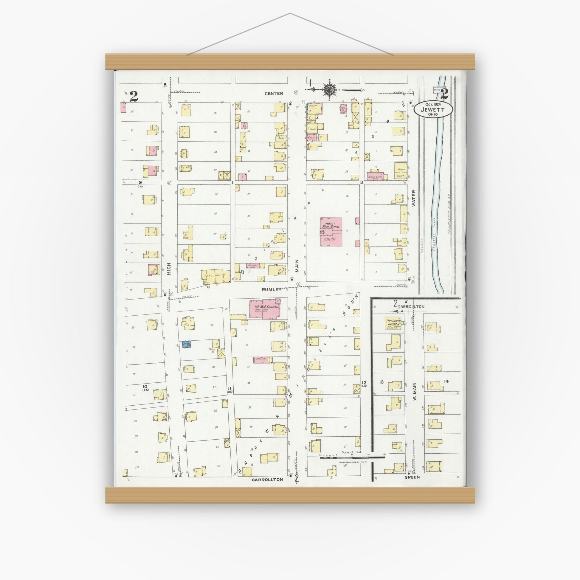 Old map wall art mockup — magnetic wood frame on white wall — Sanborn Fire Insurance Map from Jewett, Harrison County, Ohio (1924), Sheet #0002