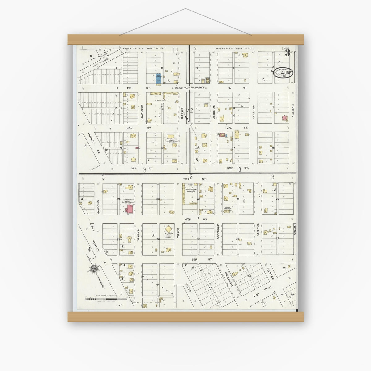 Old map wall art mockup — magnetic wood frame on white wall — Sanborn Fire Insurance Map from Claude, Armstrong County, Texas (1921), Sheet #0003