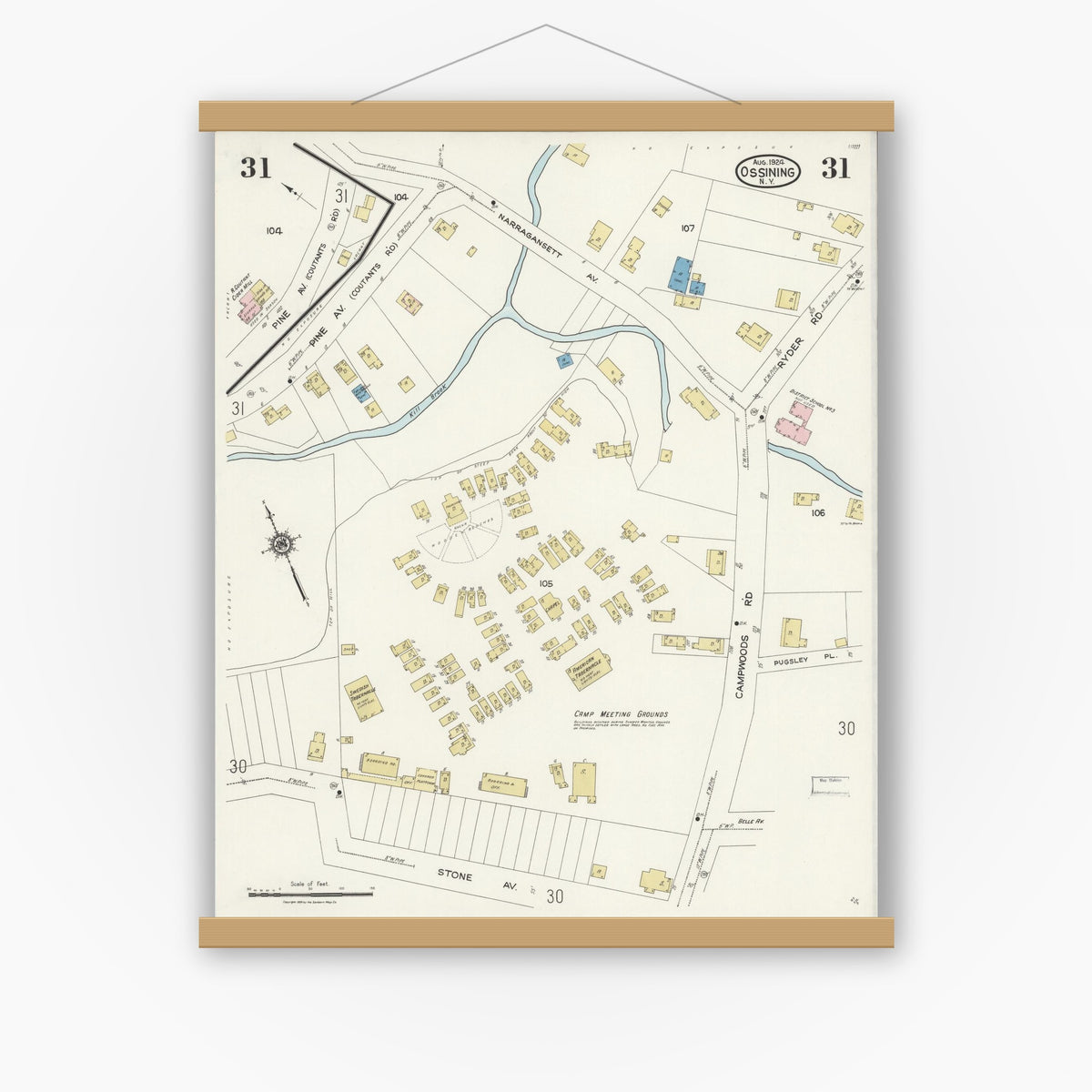 Old map wall art mockup — magnetic wood frame on white wall — Sanborn Fire Insurance Map from Ossining, Westchester County, New York (1924), Sheet #0031