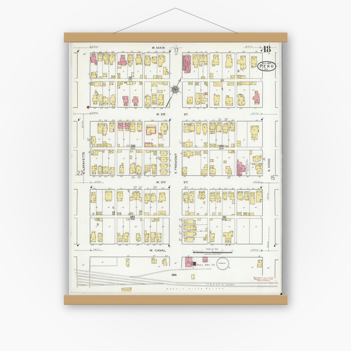 Old map wall art mockup — magnetic wood frame on white wall — Sanborn Fire Insurance Map from Peru, Miami County, Indiana (1920), Sheet #0018