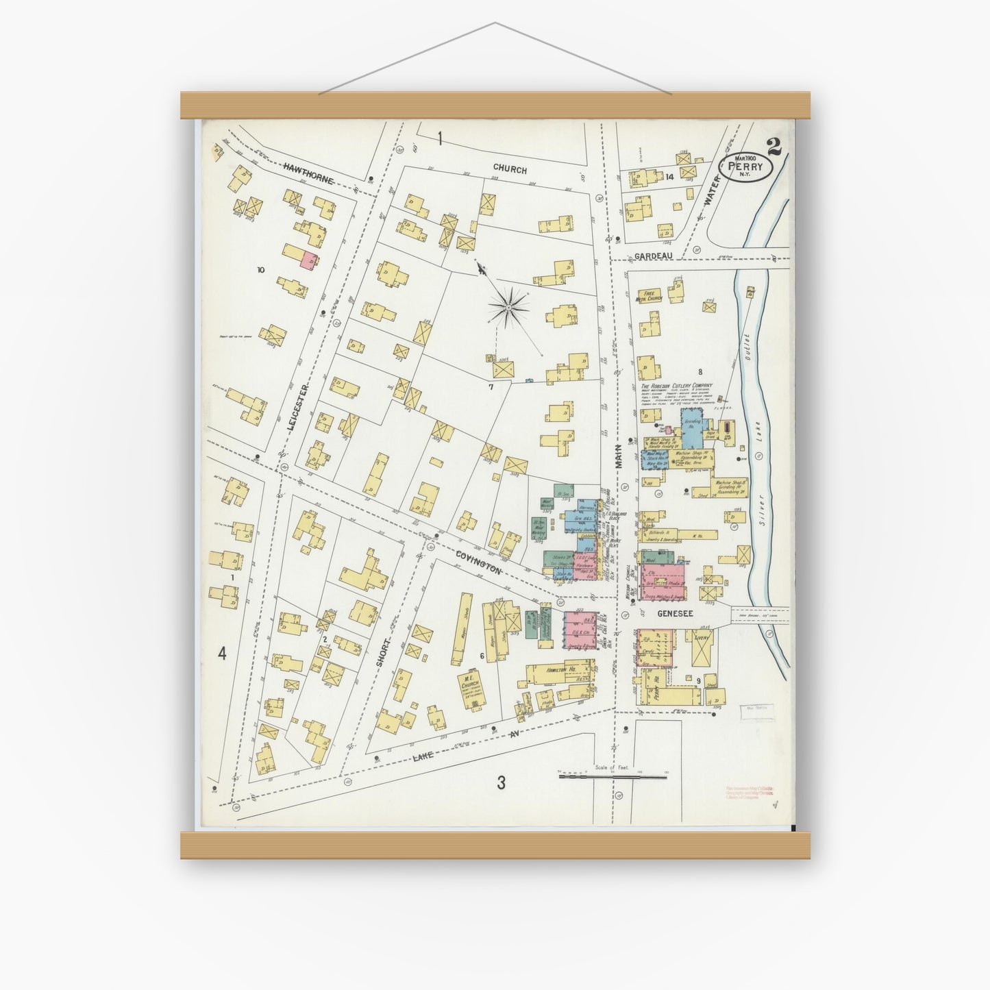 Old map wall art mockup — magnetic wood frame on white wall — Sanborn Fire Insurance Map from Perry, Wyoming County, New York (1900), Sheet #0002