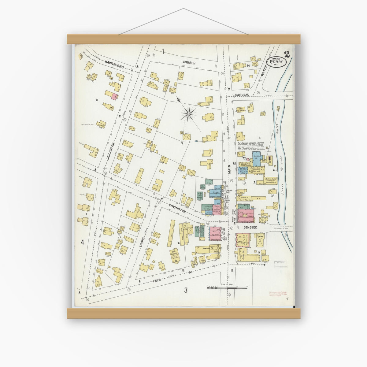Old map wall art mockup — magnetic wood frame on white wall — Sanborn Fire Insurance Map from Perry, Wyoming County, New York (1900), Sheet #0002