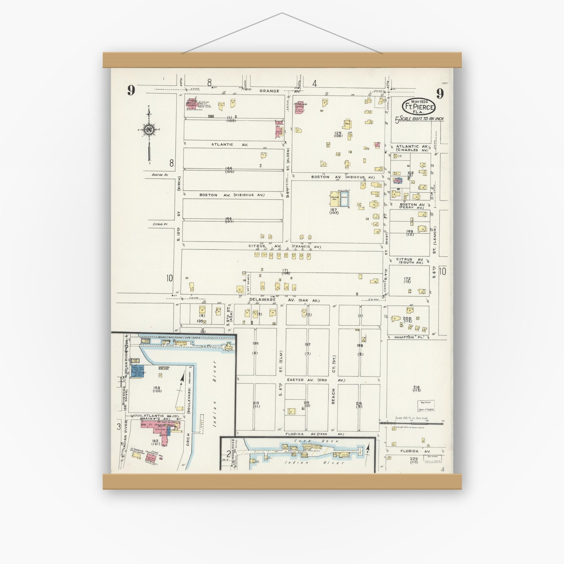 Old map wall art mockup — magnetic wood frame on white wall — Sanborn Fire Insurance Map from Fort Pierce, St Lucie County, Florida (1924), Sheet #0009