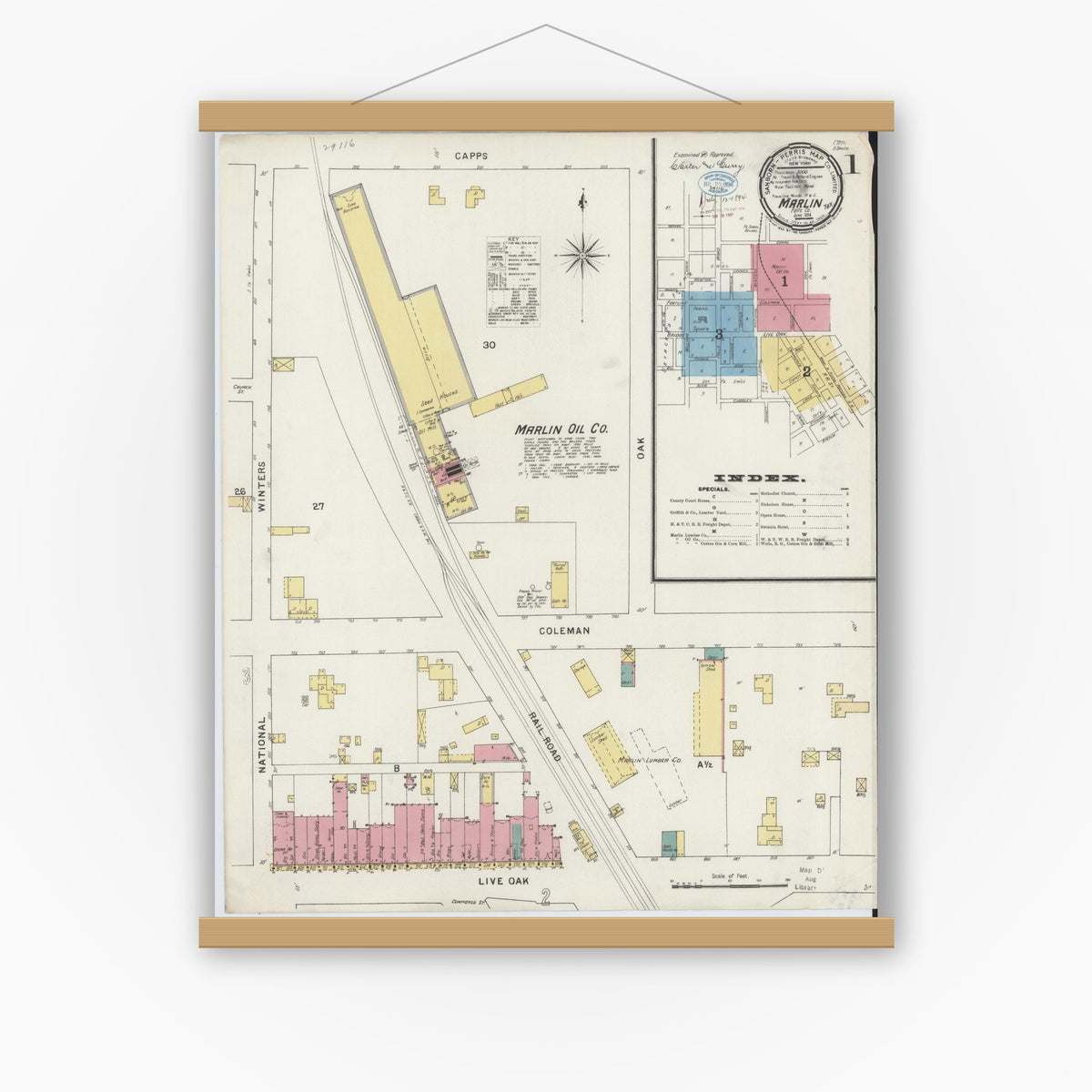 Old map wall art mockup — magnetic wood frame on white wall — Sanborn Fire Insurance Map from Marlin, Falls County, Texas (1894), Sheet #0001