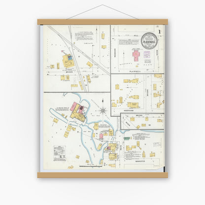 Old map wall art mockup — magnetic wood frame on white wall — Sanborn Fire Insurance Map from Plainwell, Allegan County, Michigan (1904), Sheet #0001