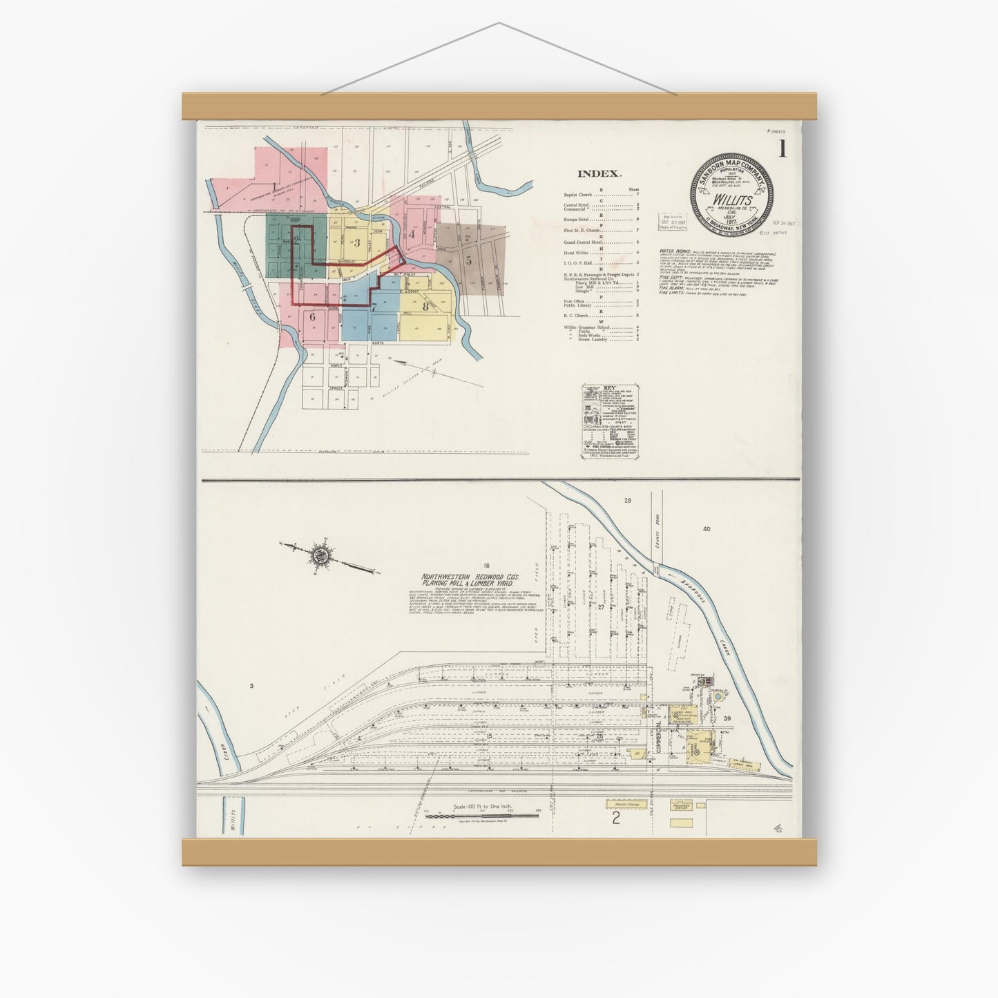 Old map wall art mockup — magnetic wood frame on white wall — Sanborn Fire Insurance Map from Willits, Mendocino County, California (1917) - Complete Map Set