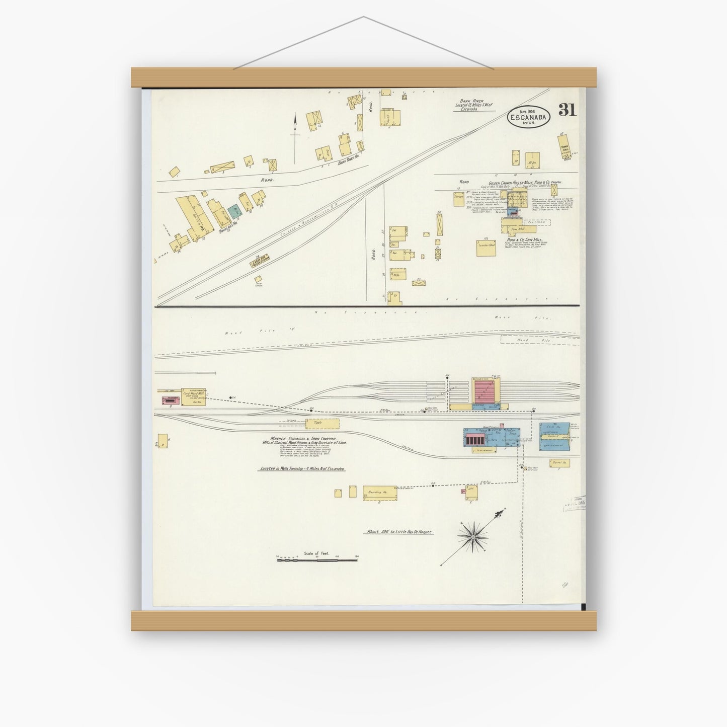 Old map wall art mockup — magnetic wood frame on white wall — Sanborn Fire Insurance Map from Escanaba, Delta County, Michigan (1906), Sheet #0031