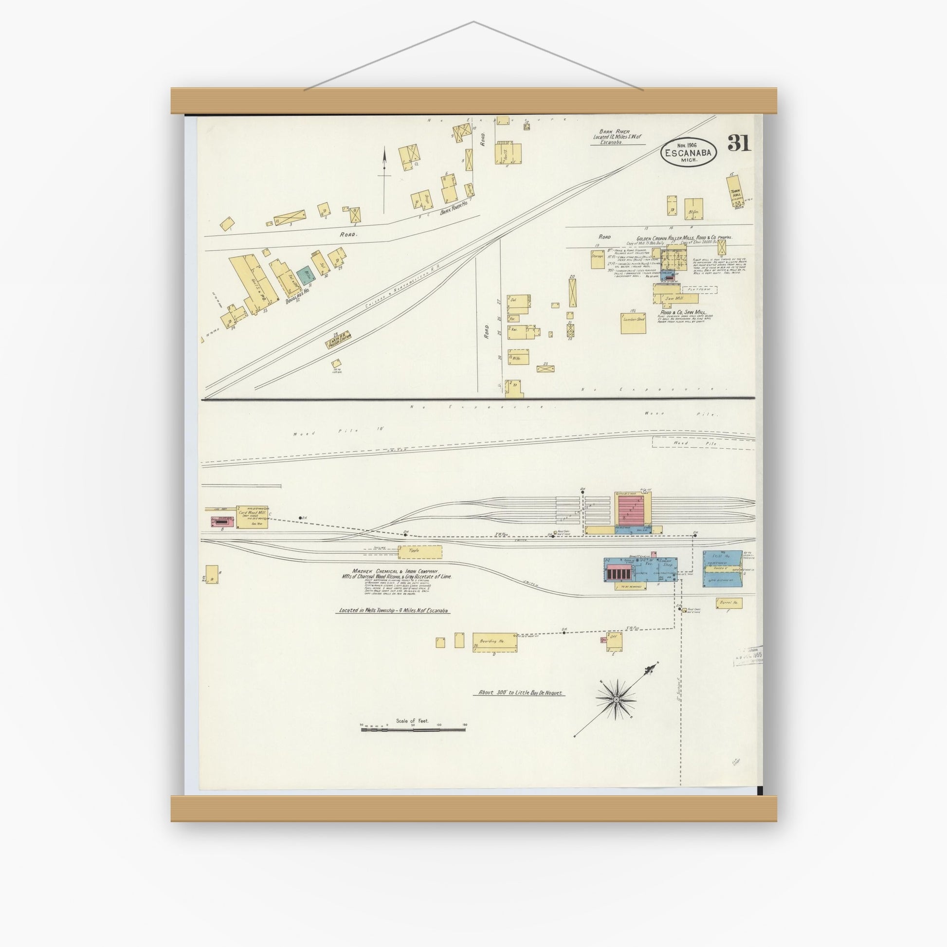 Old map wall art mockup — magnetic wood frame on white wall — Sanborn Fire Insurance Map from Escanaba, Delta County, Michigan (1906), Sheet #0031