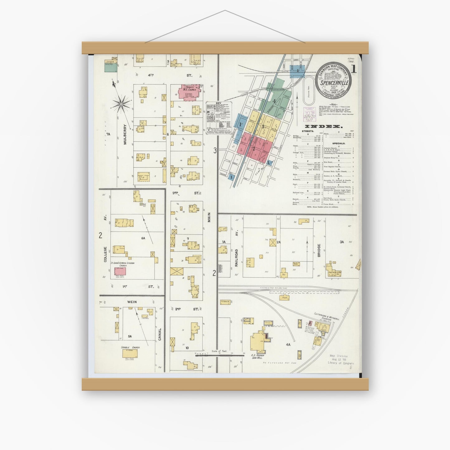 Old map wall art mockup — magnetic wood frame on white wall — Sanborn Fire Insurance Map from Spencerville, Allen County, Ohio (1902) - Complete Map Set