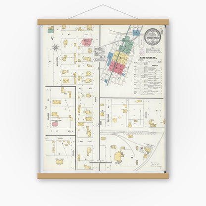 Old map wall art mockup — magnetic wood frame on white wall — Sanborn Fire Insurance Map from Spencerville, Allen County, Ohio (1902) - Complete Map Set