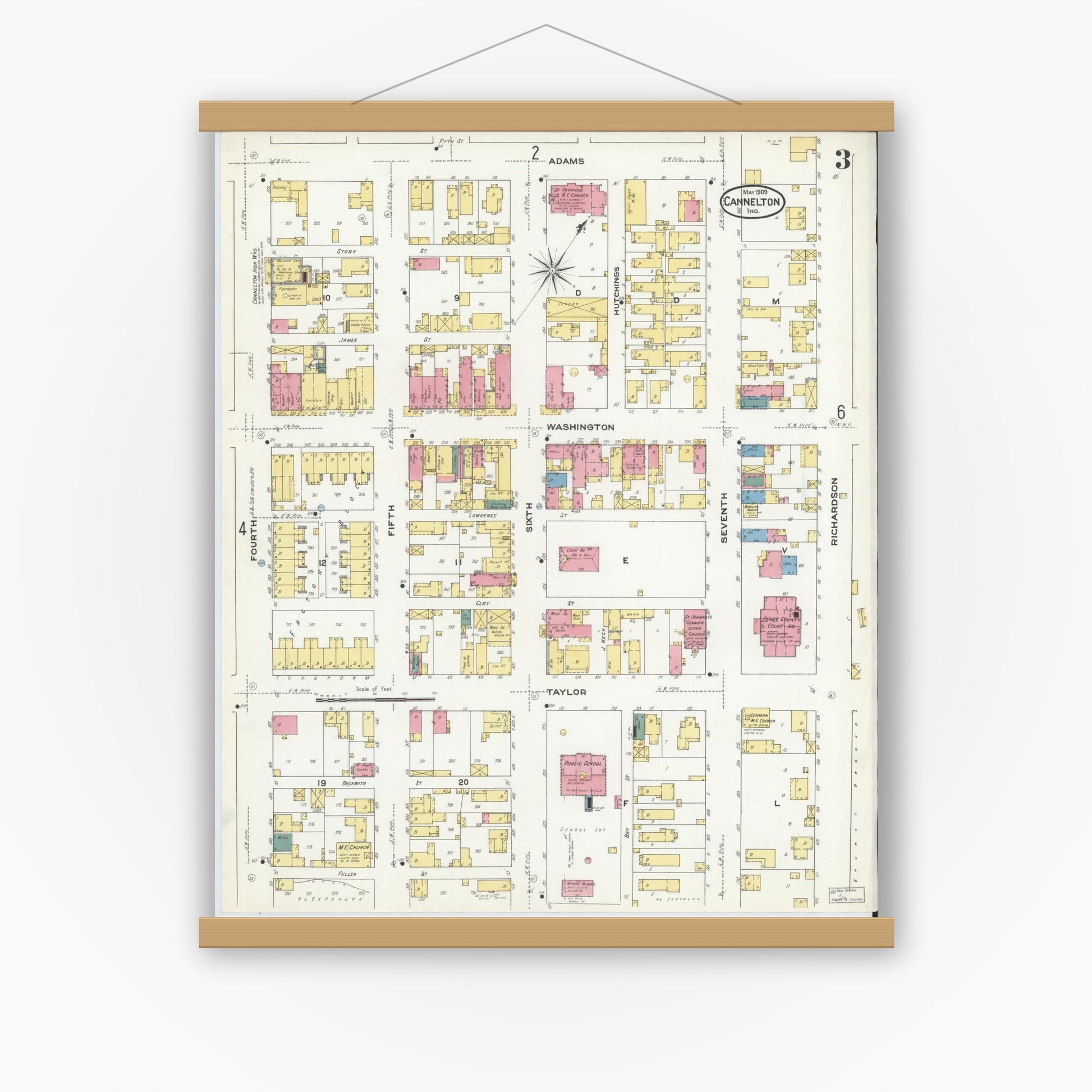 Old map wall art mockup — magnetic wood frame on white wall — Sanborn Fire Insurance Map from Cannelton, Perry County, Indiana (1909), Sheet #0003