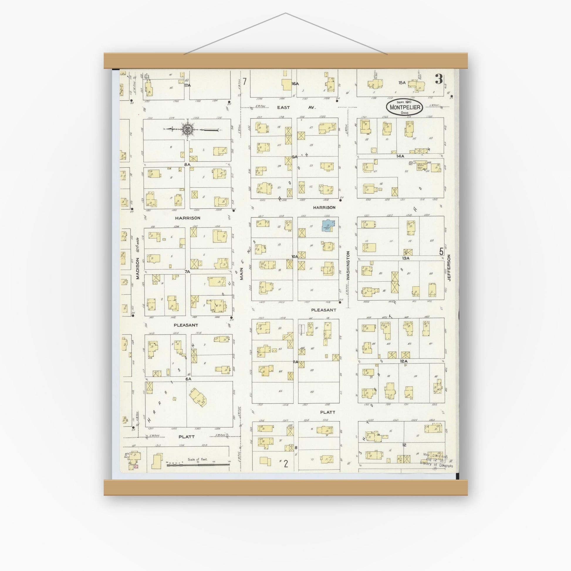 Old map wall art mockup — magnetic wood frame on white wall — Sanborn Fire Insurance Map from Montpelier, Williams County, Ohio (1910), Sheet #0003