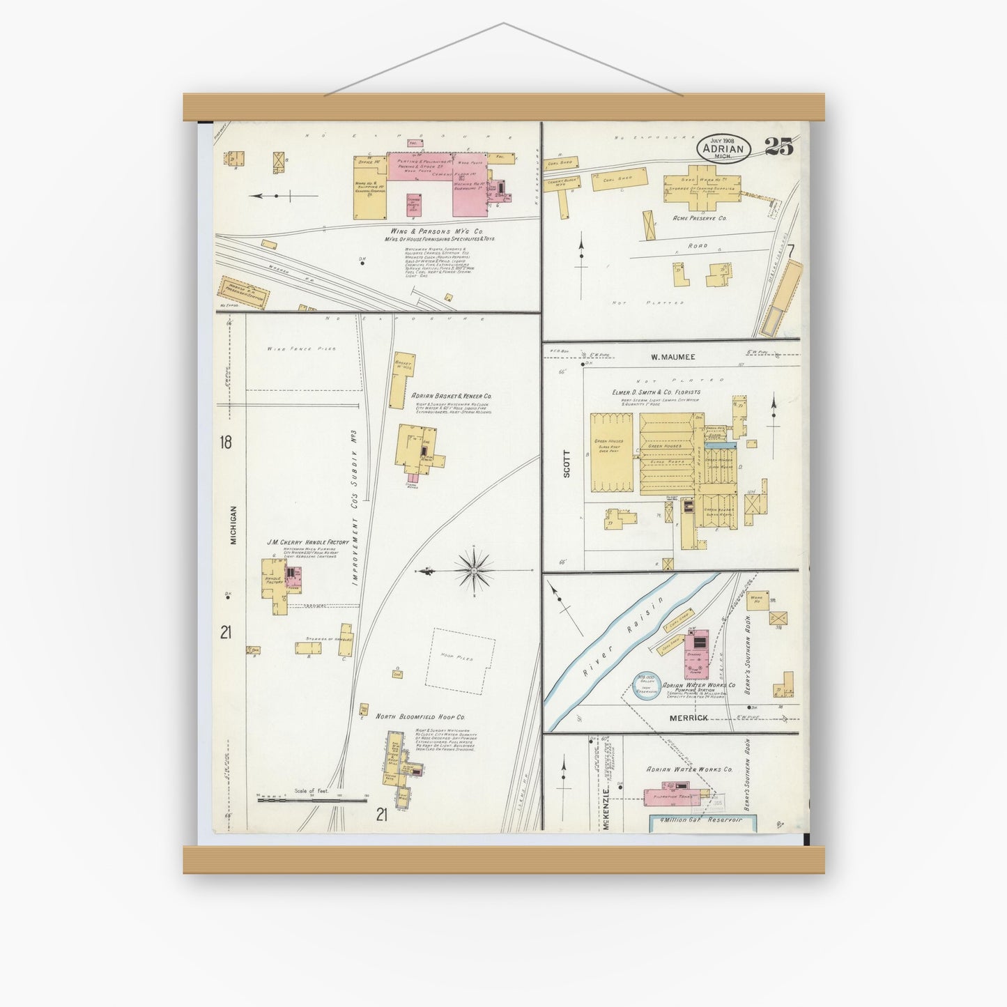 Old map wall art mockup — magnetic wood frame on white wall — Sanborn Fire Insurance Map from Adrian, Lenawee County, Michigan (1908), Sheet #0025